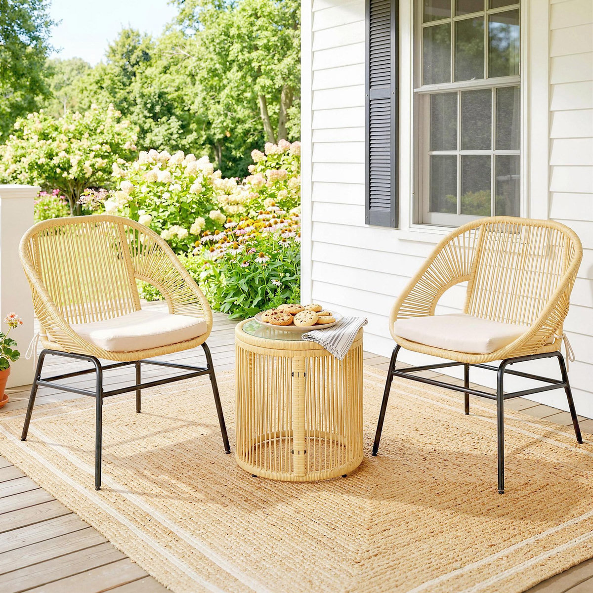 OUTSUNNY Salon de jardin style Acapulco 2 places 3 pièces acier coussin résine filaire beige