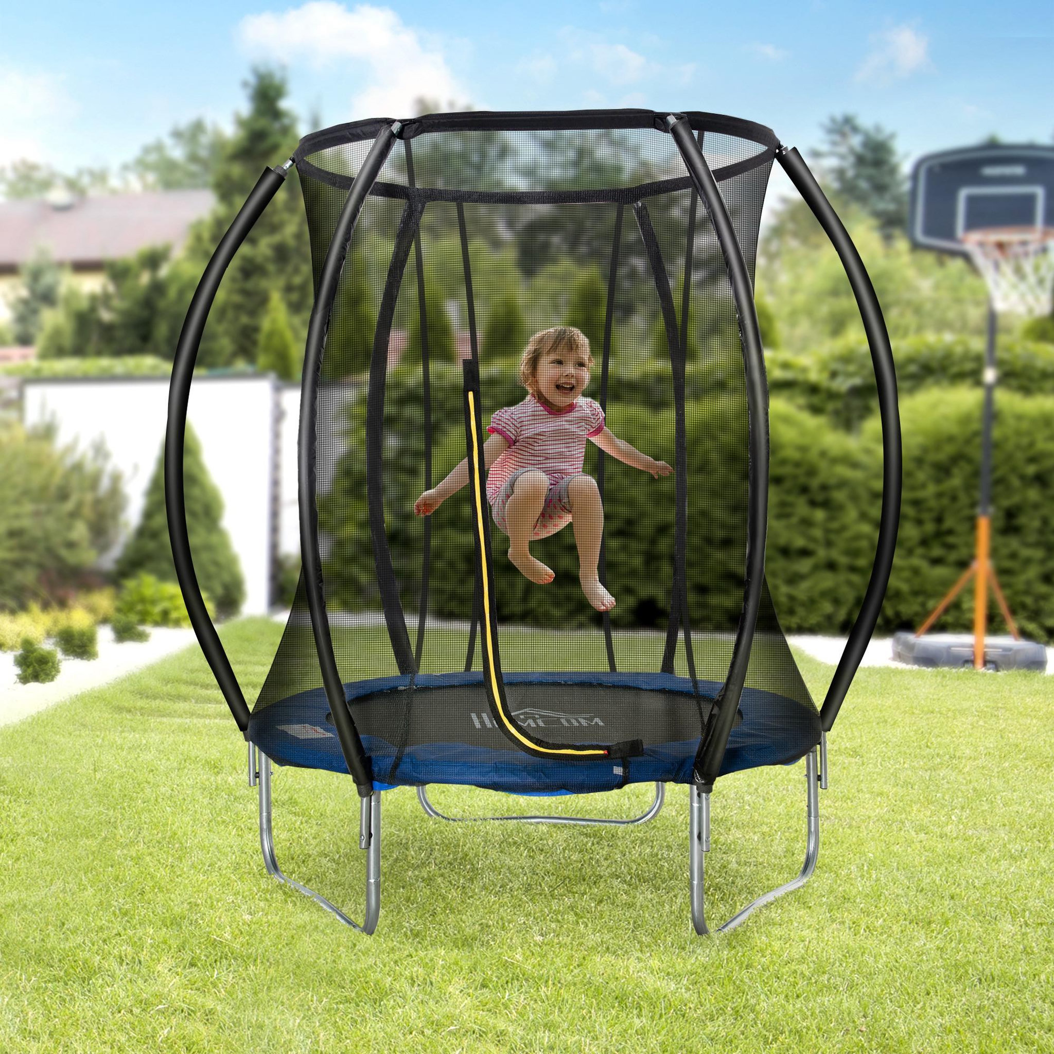 Voir la diapositive 2 : HOMCOM Trampoline enfant Ø 2,25 × 2,35H m filet de sécurité porte zipée couvre-ressorts 6 poteaux rembourrés incurvés bleu