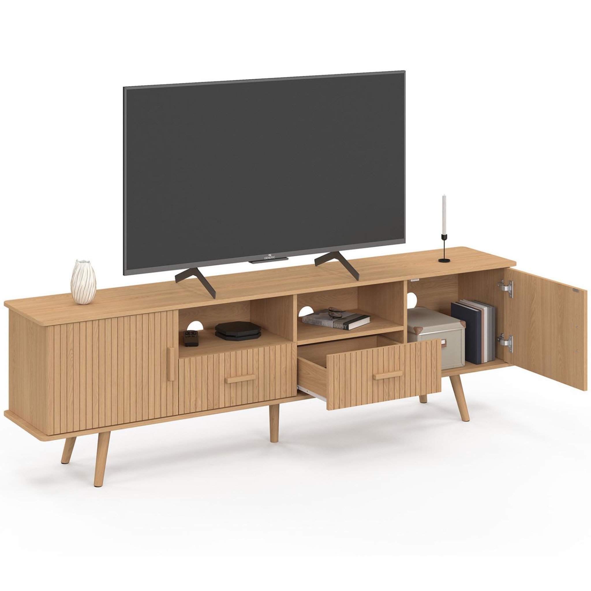 Voir la diapositive 4 : ID MARKET Meuble tv 180 cm juliette 2 portes et 2 tiroirs lattes tasseau bois coloris chêne
