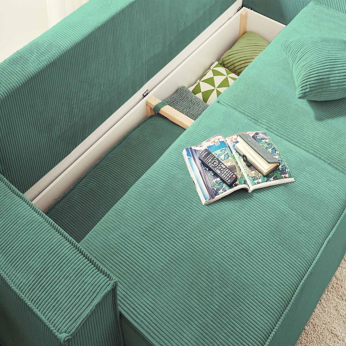 BEST MOBILIER Dellia - canapé 3 places convertible - avec coffre - en velours côtelé - style contemporain