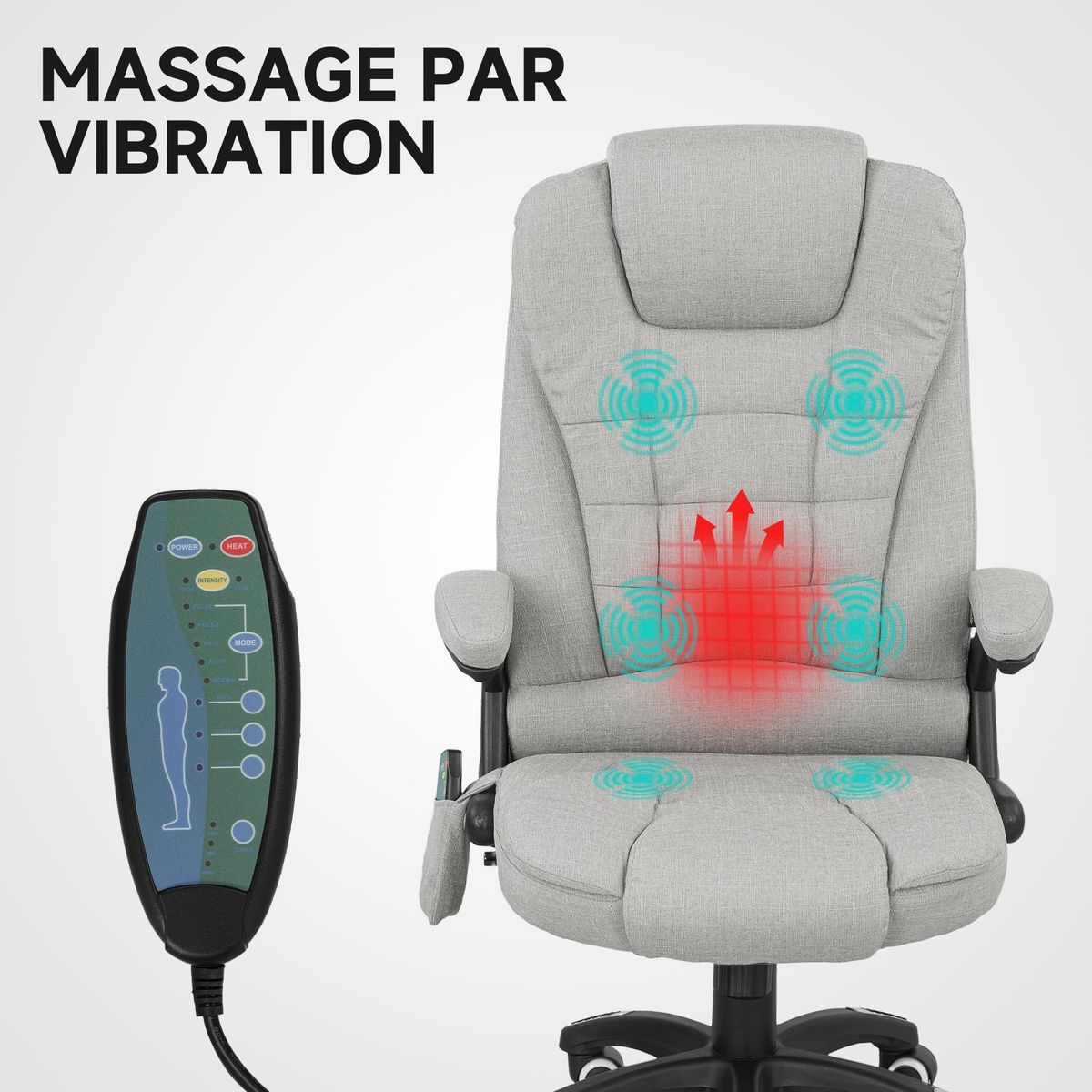VINSETTO Fauteuil de bureau direction massant chauffant hauteur réglable dossier inclinable toile de lin gris clair