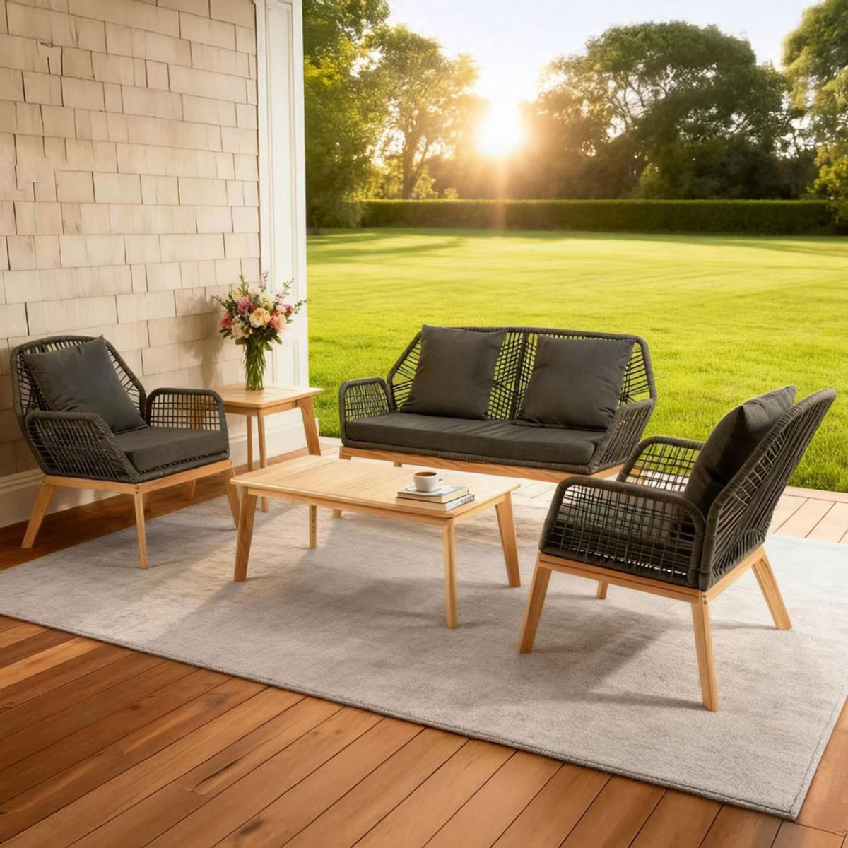 CONCEPT USINE Salon de jardin 4 places en bois avec 2 tables gris anthracite et bois ROSARIO