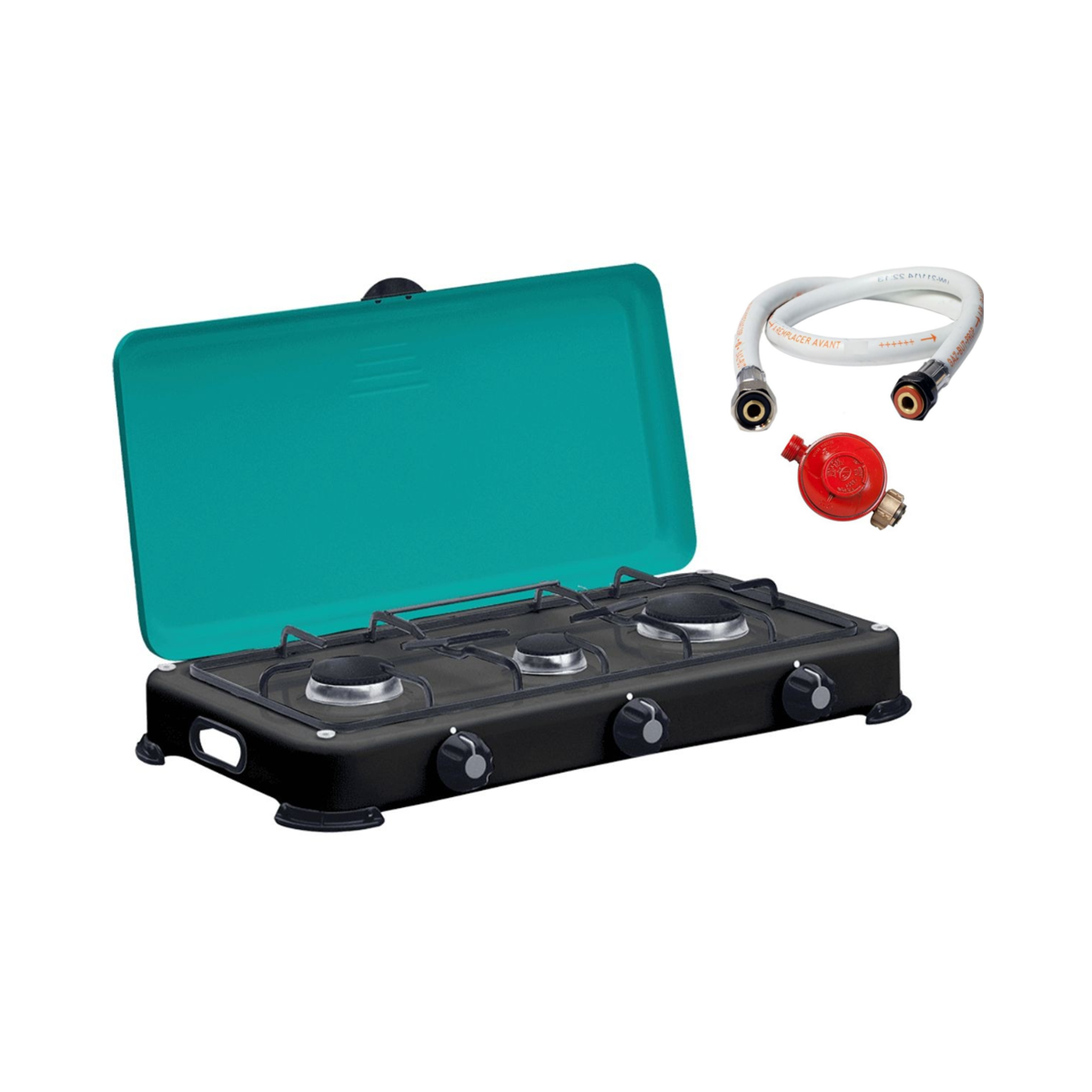 INTEC Réchaud à gaz portable 3 feux 4100W Brûleurs + Grille en Fonte amovibles + Tuyau gaz + détendeur Propane GOLD III INTEC
