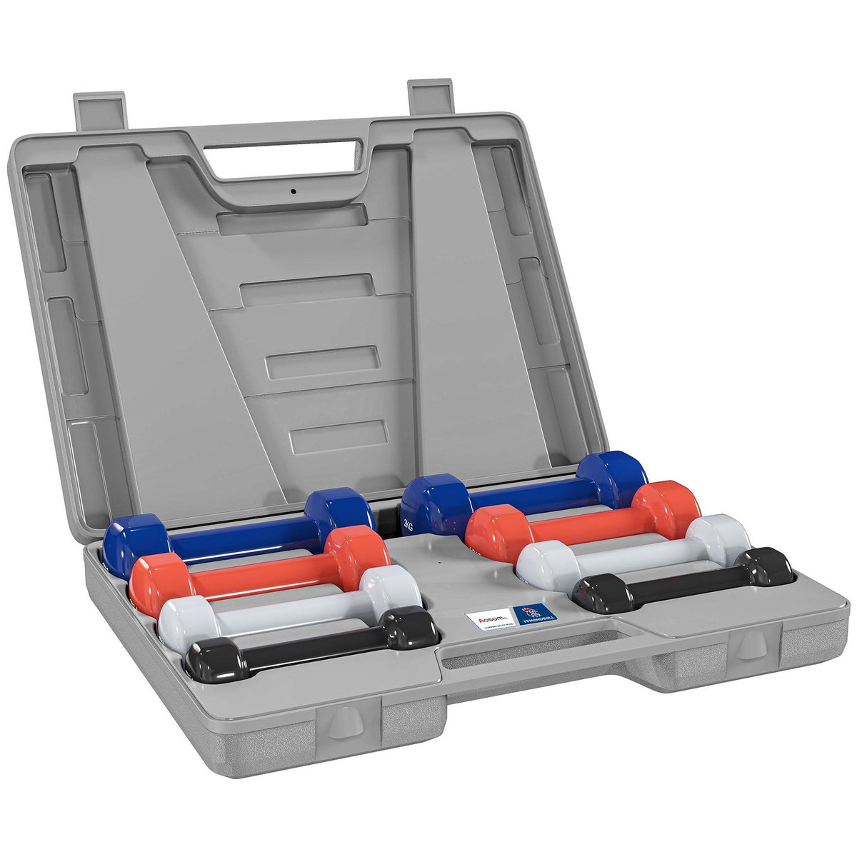 HOMCOM Ensemble d'haltères courtes total 10 Kg - collaboration Aosom.fr x FFHandball - paires de 0,5/1/1,5/2 Kg avec malette - métal PU multicolore