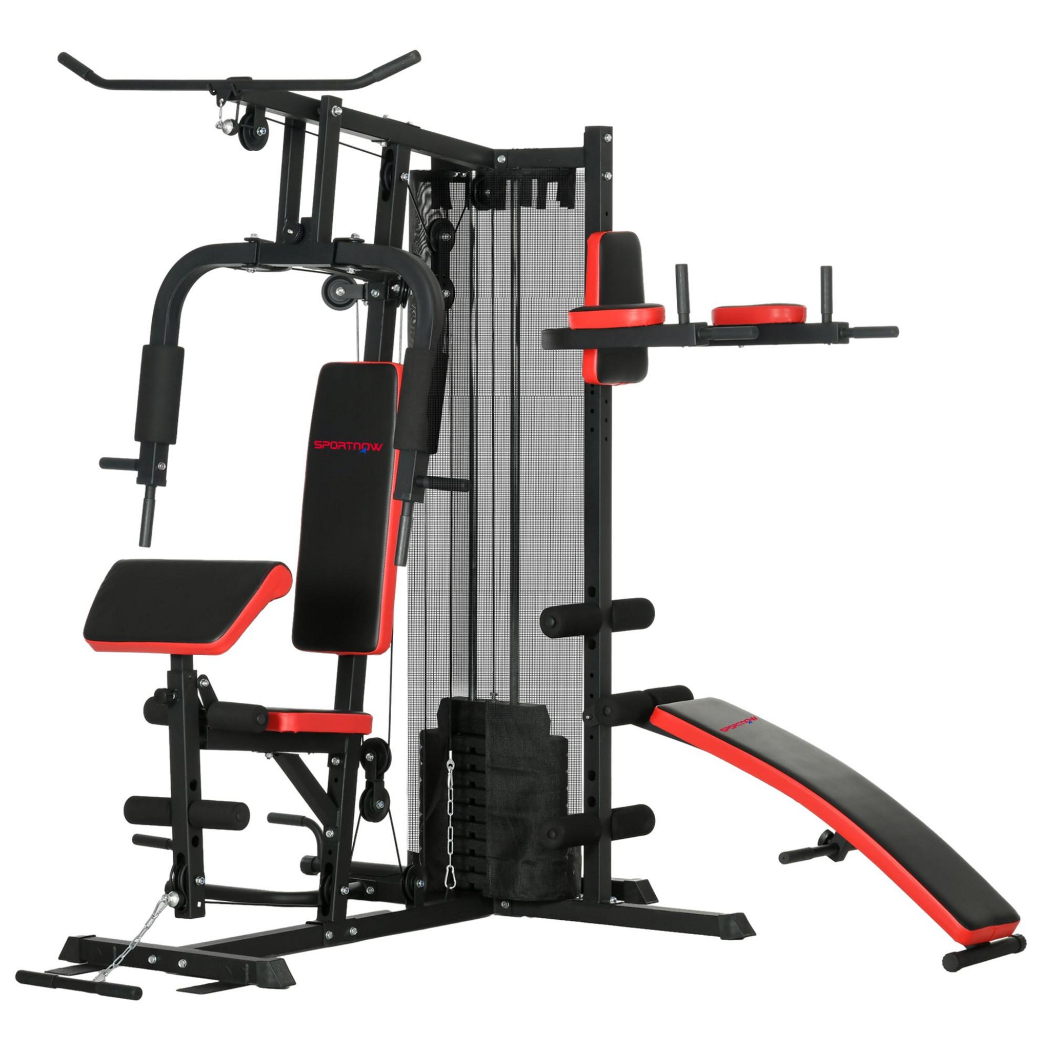 HOMCOM Station de musculation - banc, développé couché, butterfly, barre latissimus et traction, curler, bande résistance, 10 contrepoids - acier noir rouge