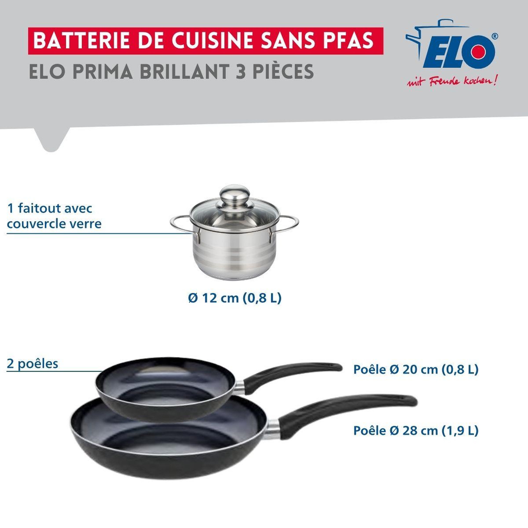 Voir la diapositive 2 : ELO Ensemble de 2 poêles de cuisson 20 et 28 cm et 1 faitout 12 cm elo prima brillant