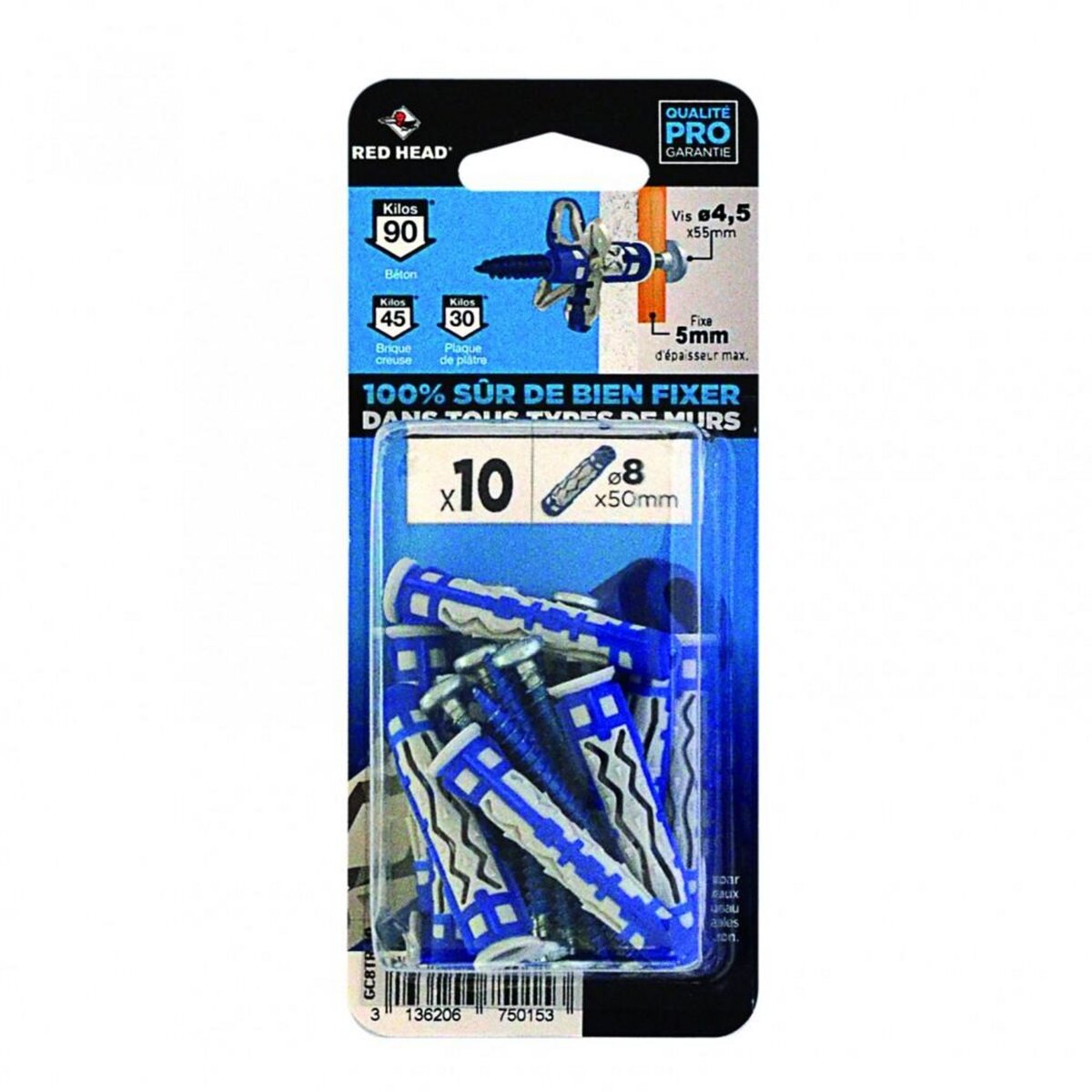 RED HEAD Lot de 10 chevilles et vis couleur RED HEAD, Diam.8 mm x L.50 mm