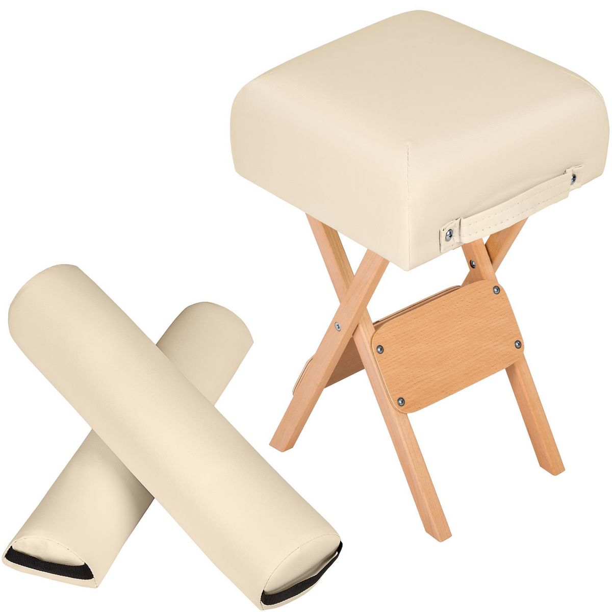tectake Ensemble tabouret pour table de massage avec 2 coussins de massage en bois solide et cuir synthétique beige