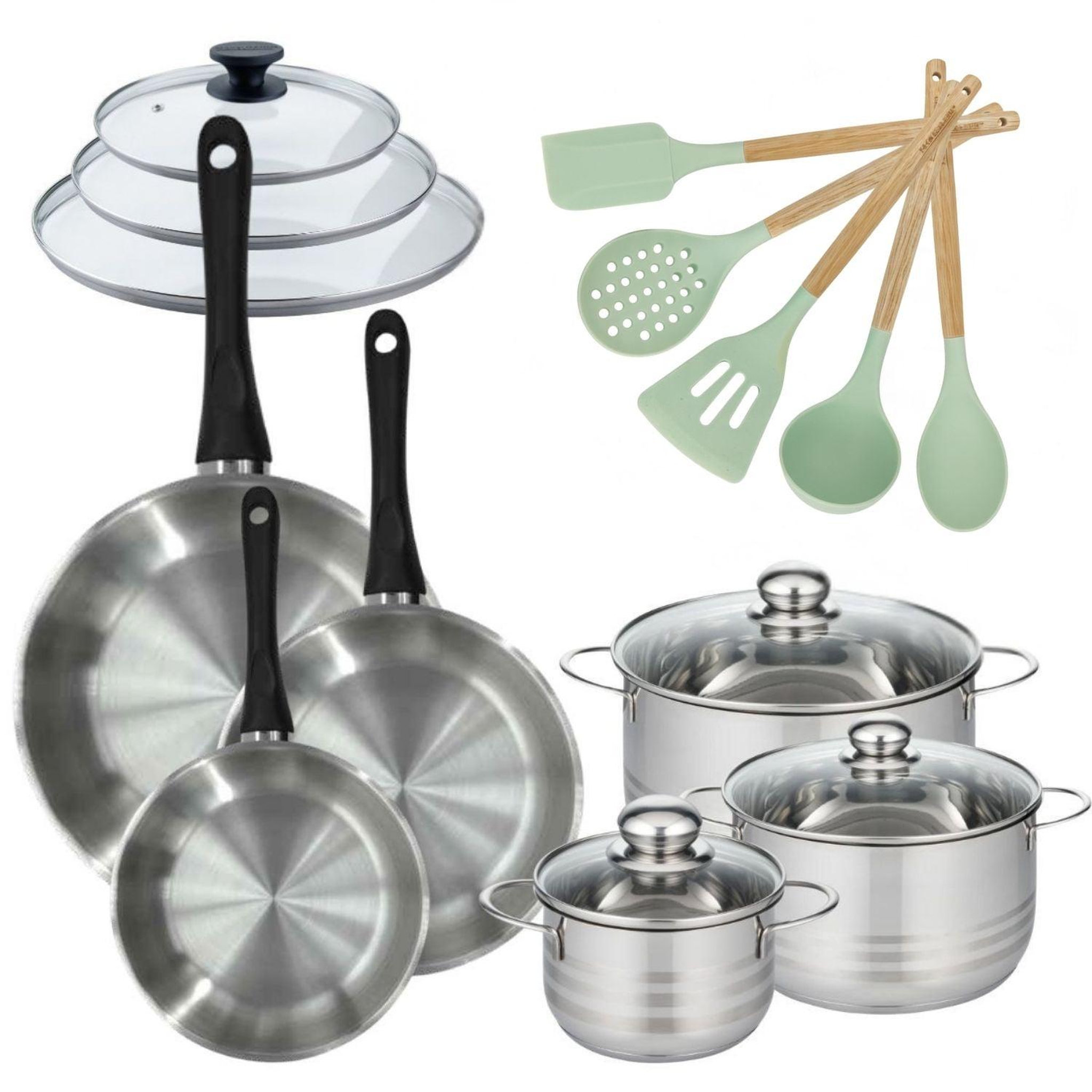 Fackelmann Batterie de cuisine généva brillant ocean avec 3 faitouts et 3 poêles avec couvercles fackelmann généva brillant ocean avec couvercles