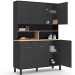 ID MARKET Buffet de cuisine 120 cm CINA 6 portes + tiroir noir et plateaux façon hêtre
