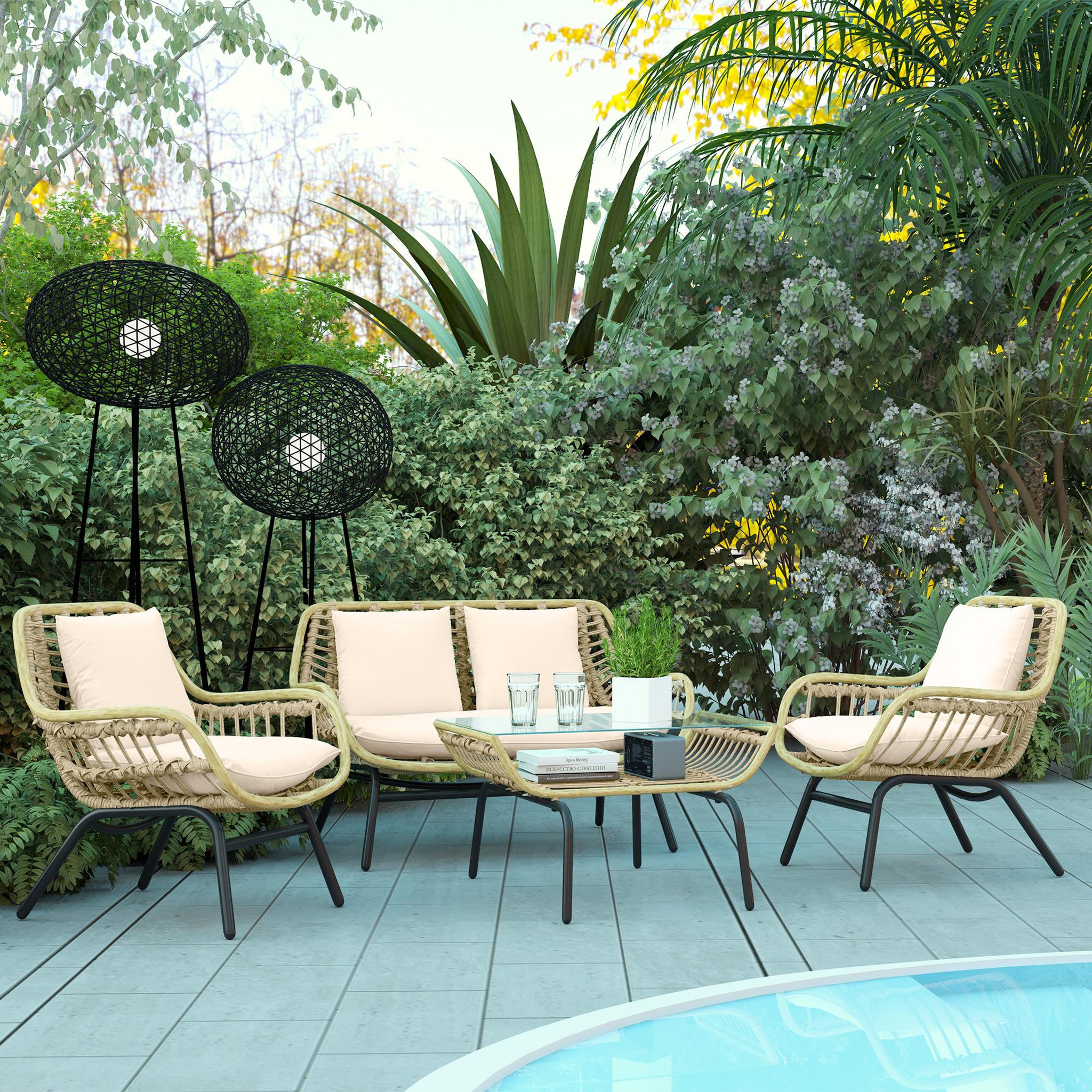 Voir la diapositive 2 : OUTSUNNY Salon de jardin 4 pers. 4 pièces style exotique métal époxy résine imitation bambou coussins grand confort inclus polyester beige