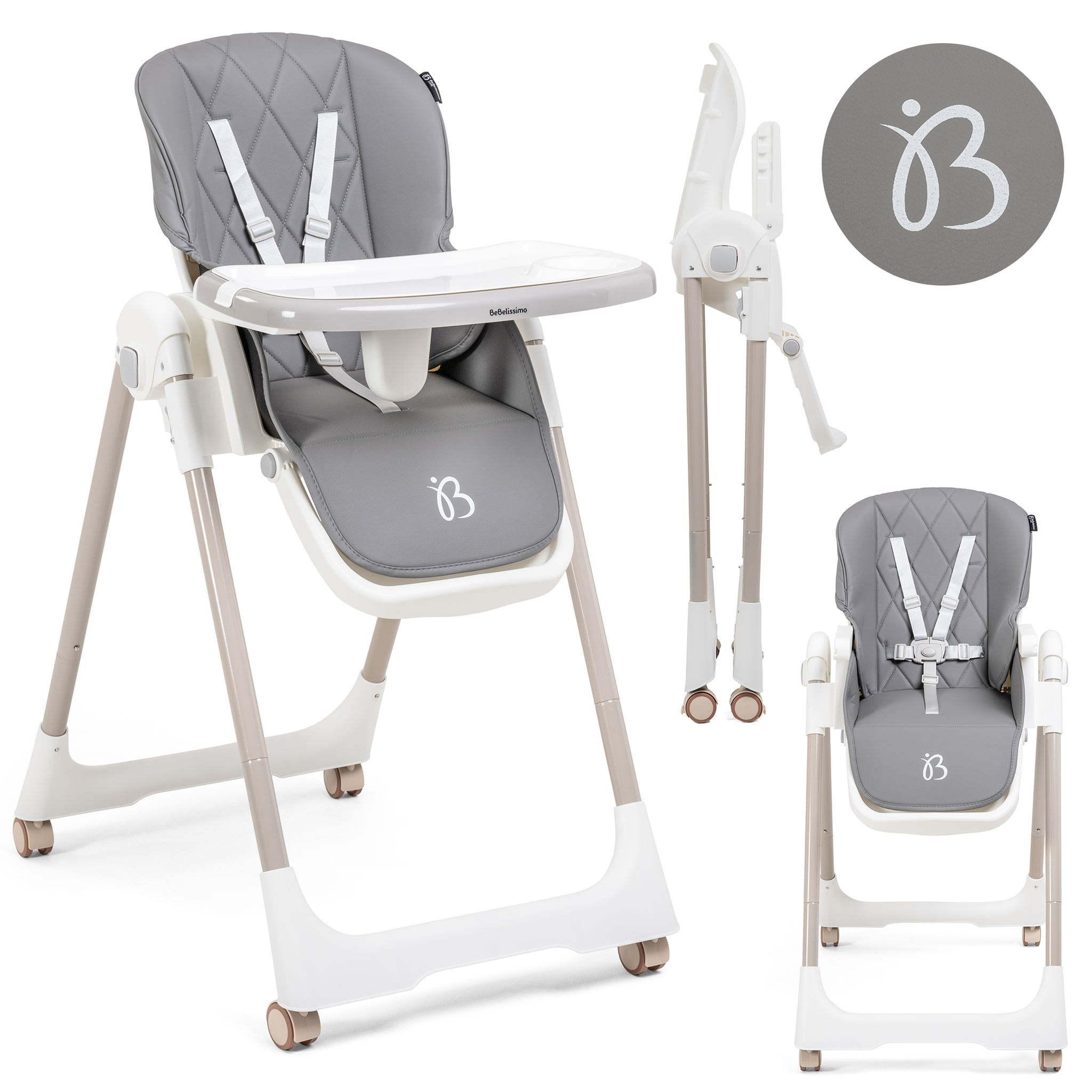 BEBELISSIMO Chaise haute évolutive bébé - Pliable - Compacte - Réglable hauteur - De 6 mois à 3 ans (15kg) - gris