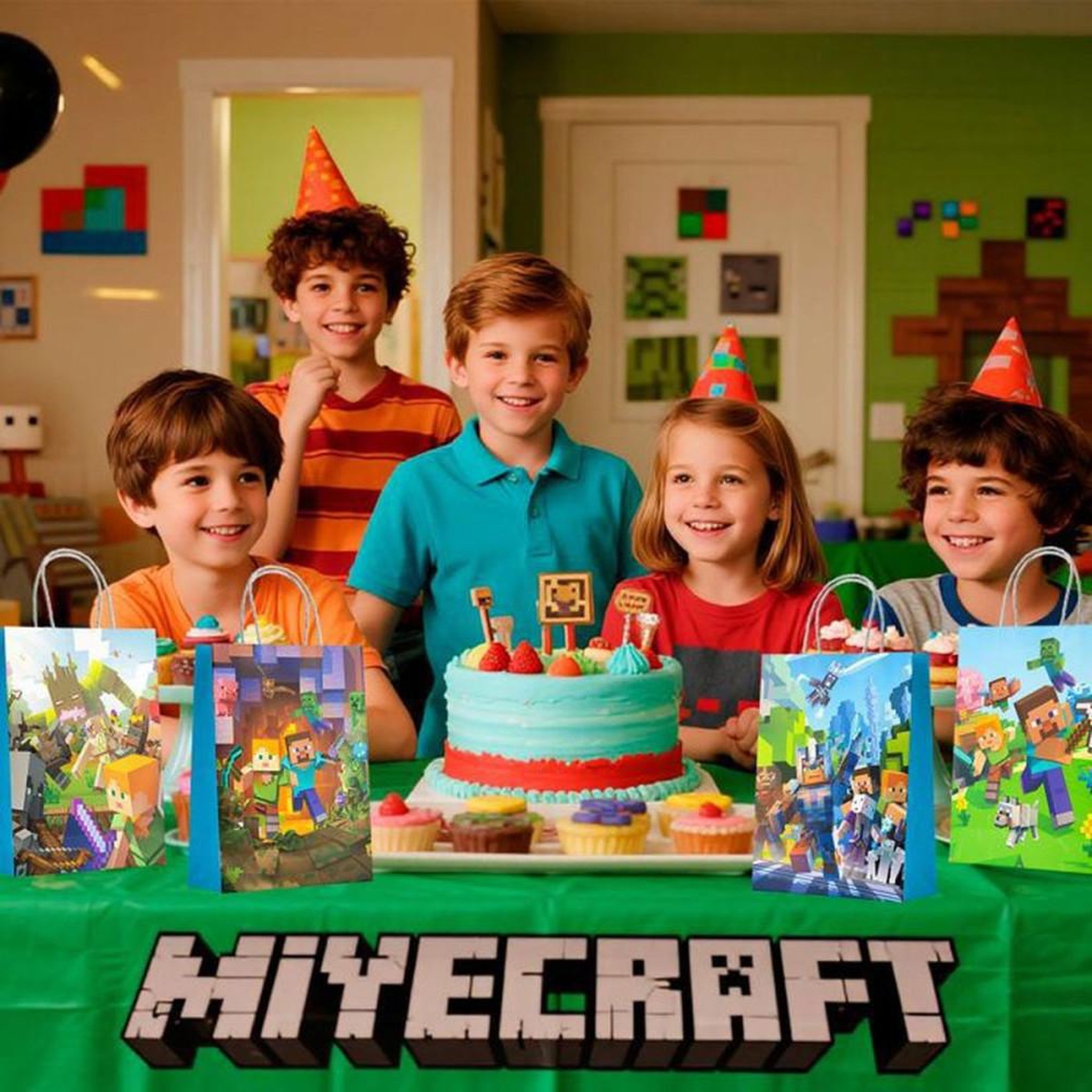 Voir la diapositive 6 : Coffret de 16 sacs cadeaux Minecraft en papier multicolore (4 modèles)