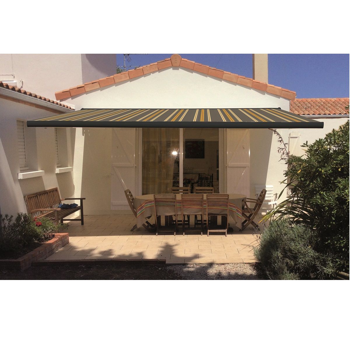 INTERSUN Store motorisé 6x3.5m OPTIMA toile rayée coffre intégral gris 
