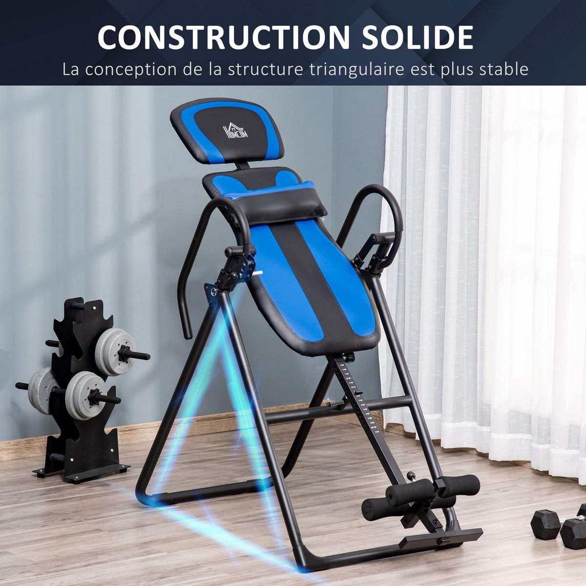 HOMCOM Table d'inversion pliable réglable antidérapante charge max. 110 Kg acier synthétique bleu noir