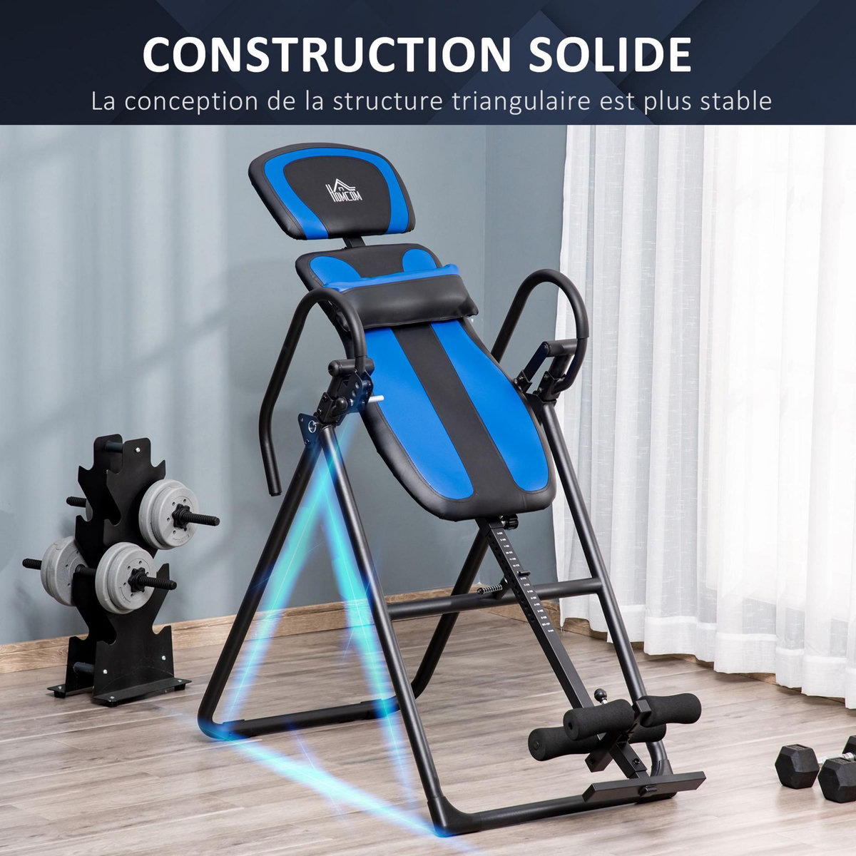 HOMCOM Table d'inversion pliable réglable antidérapante charge max. 110 Kg acier synthétique bleu noir
