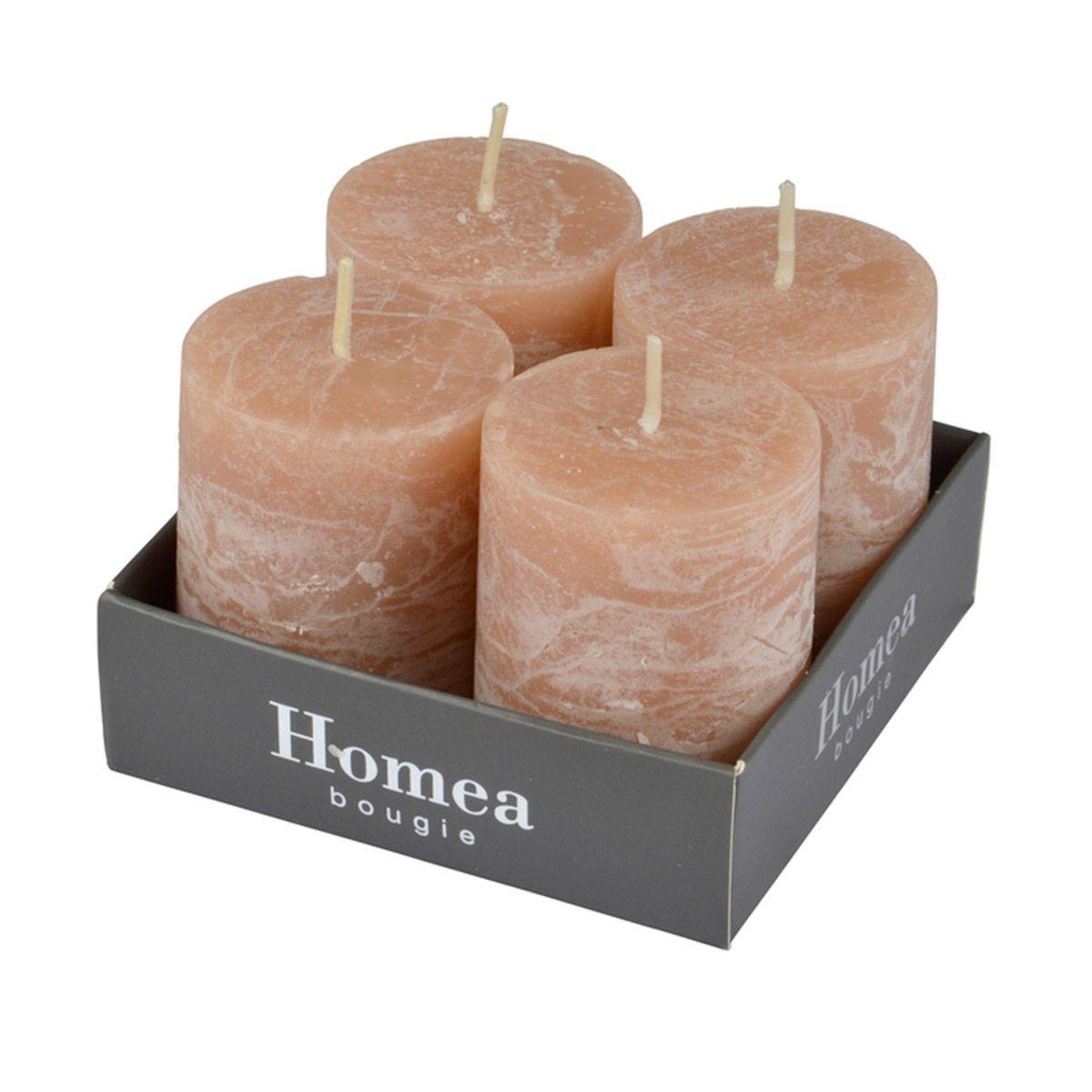 Voir la diapositive 2 : HOMEA Lot de 4 bougies pilier  rustique  5cm rose poudré