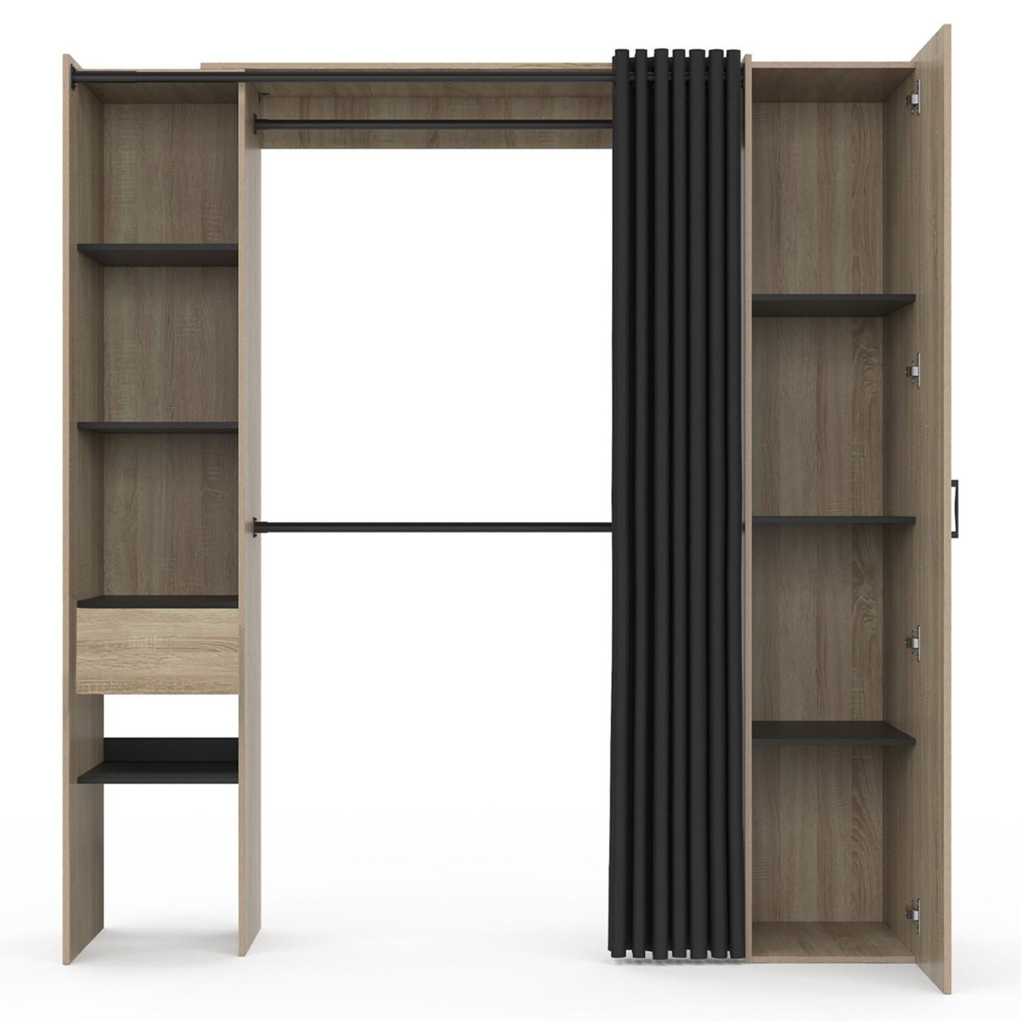 Voir la diapositive 3 : ID MARKET Dressing extensible MERYL 145/170 x 50 x 180 cm hêtre avec étagères + double penderie + miroir + rideau noir