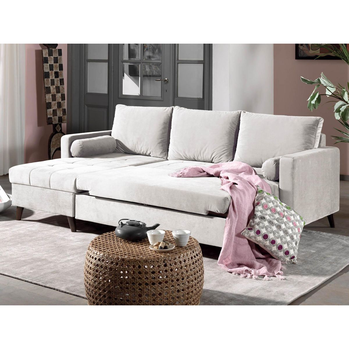 BEST MOBILIER Polar - canapé d'angle réversible convertible - en velours au design scandinave - 4 places