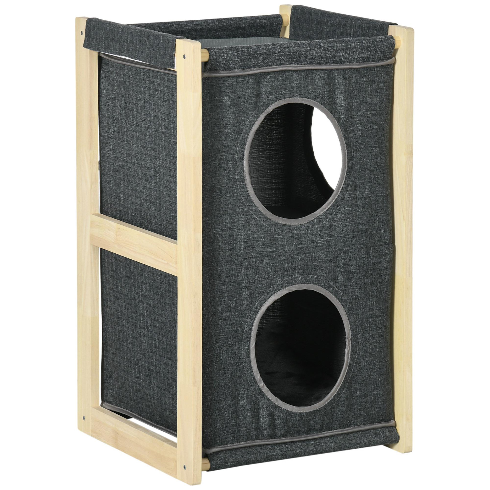 Voir la diapositive 1 : PAWHUT Maison grattoir pour chat - niche chat panier chat - 2 coussins housses amovibles, 2 niv. - bois de pin polyester gris