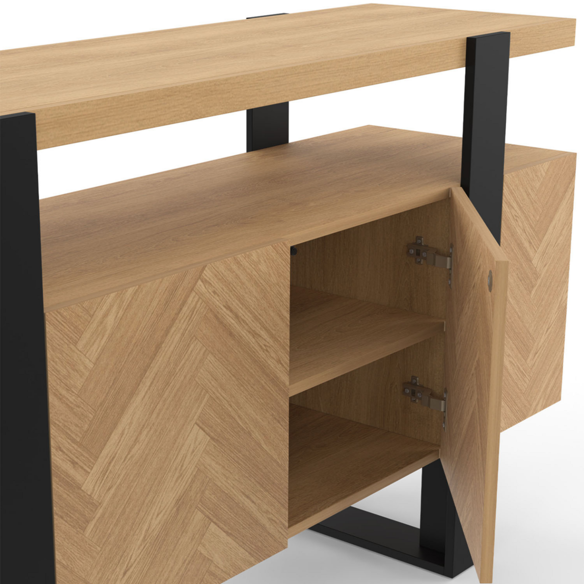 ID MARKET Buffet 140 cm CASSIUS 4 portes effet chevrons et noir