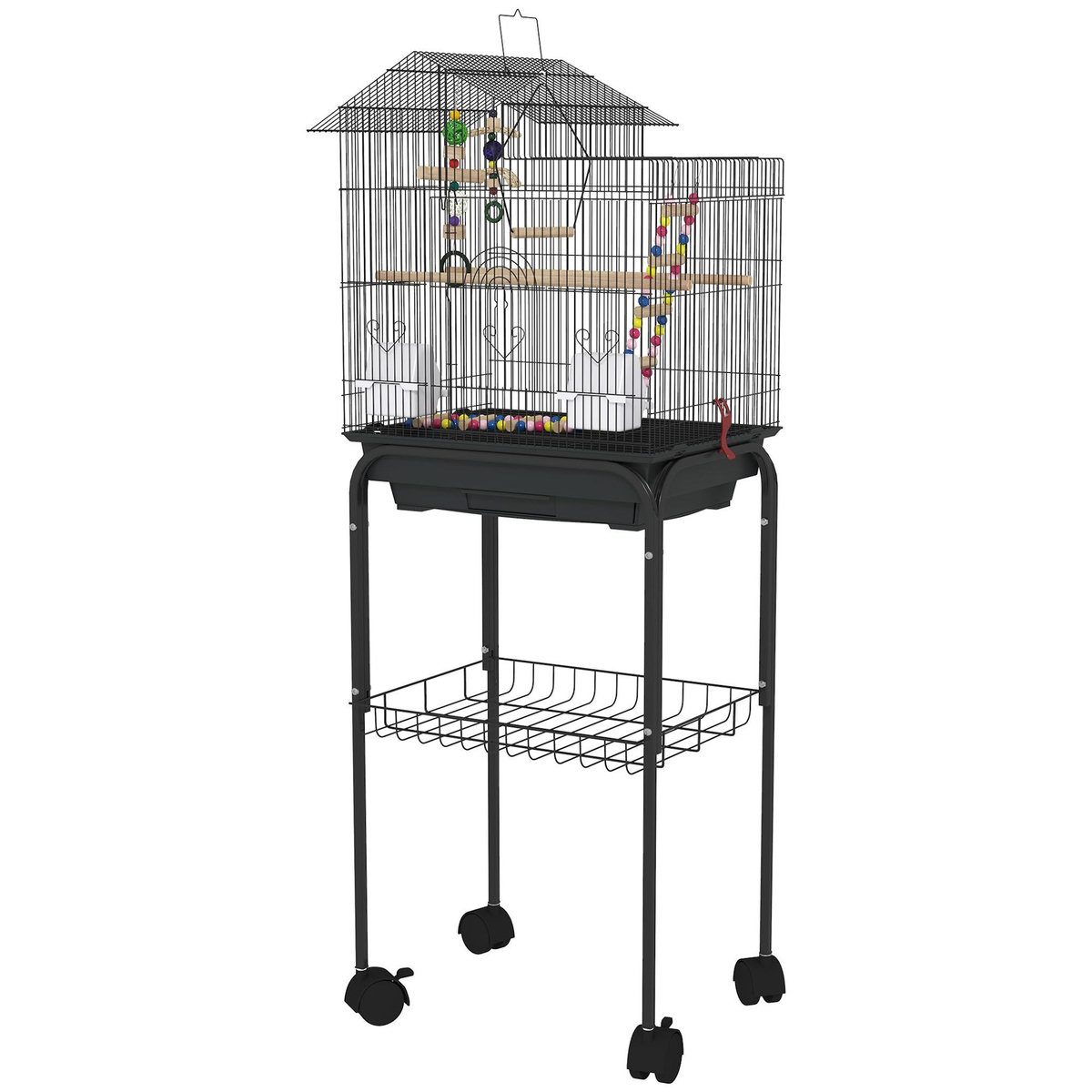 PAWHUT Cage à oiseaux 46 x 36 x 120 cm étagère 2 mangeoires 2 perchoirs balançoire échelle jouet noir
