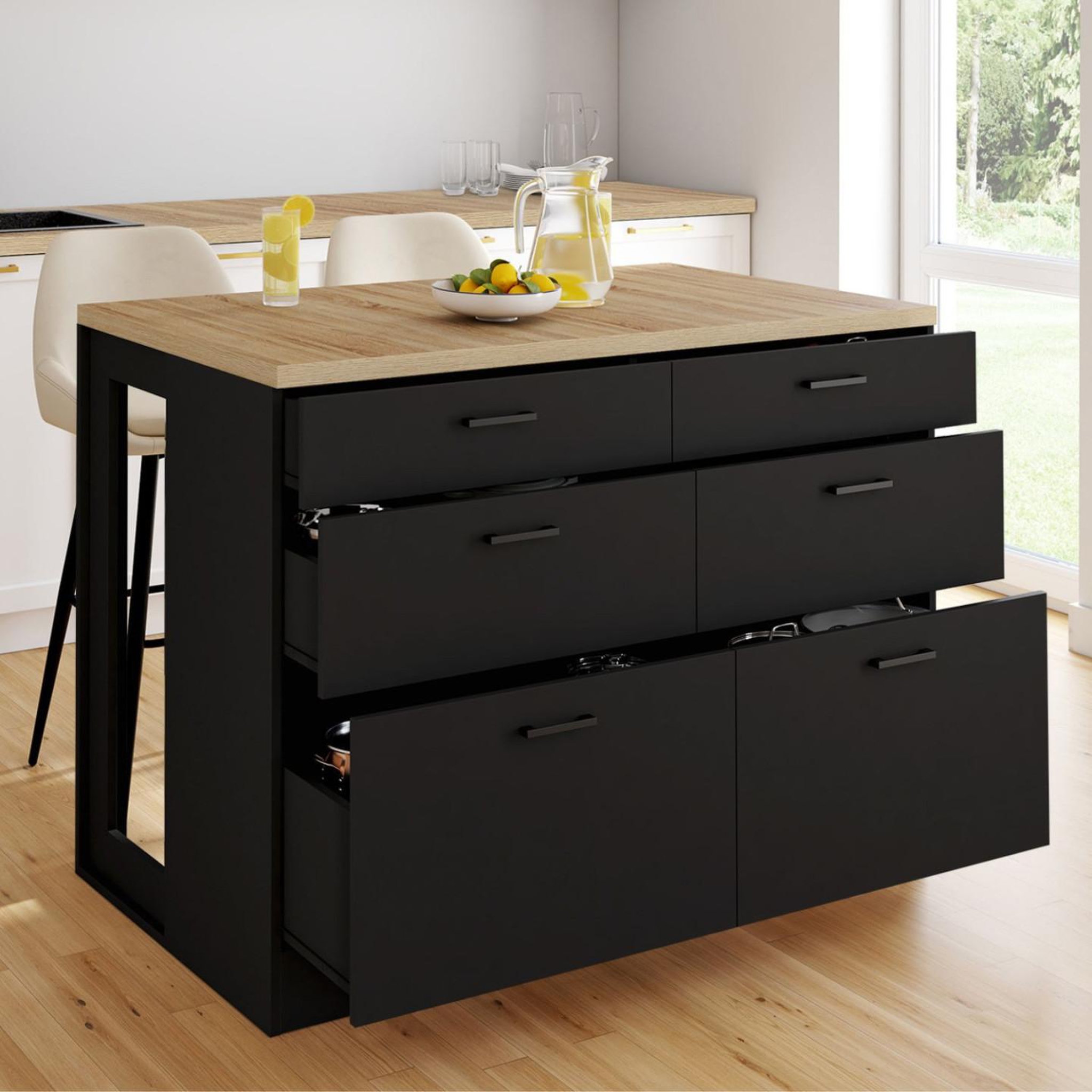 Voir la diapositive 2 : ID MARKET Ilot central mange-debout orso 120 cm casserolier 6 tiroirs noir avec plan de travail façon hêtre