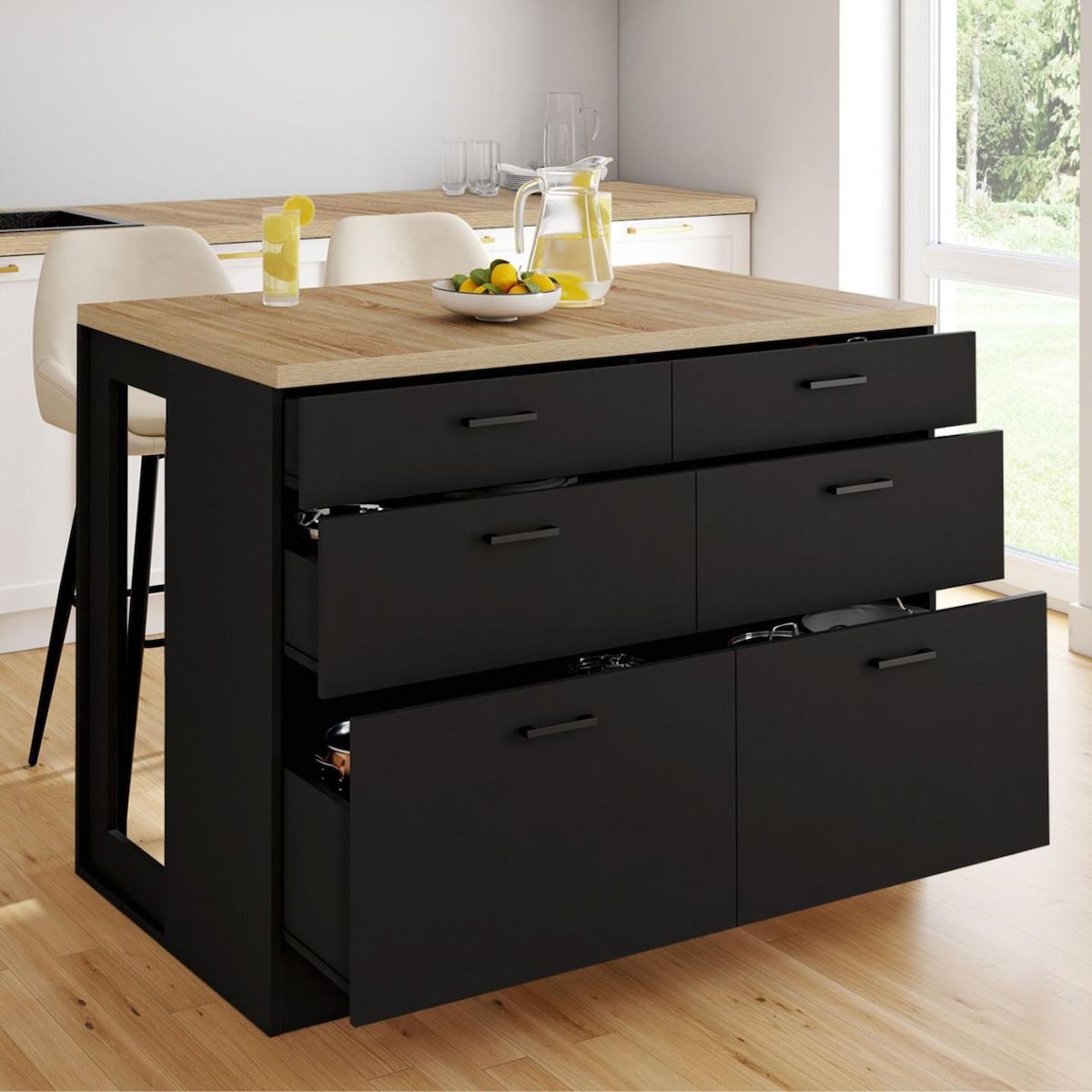 ID MARKET Ilot central mange-debout ORSO 120 cm casserolier 6 tiroirs noir et plateau bois