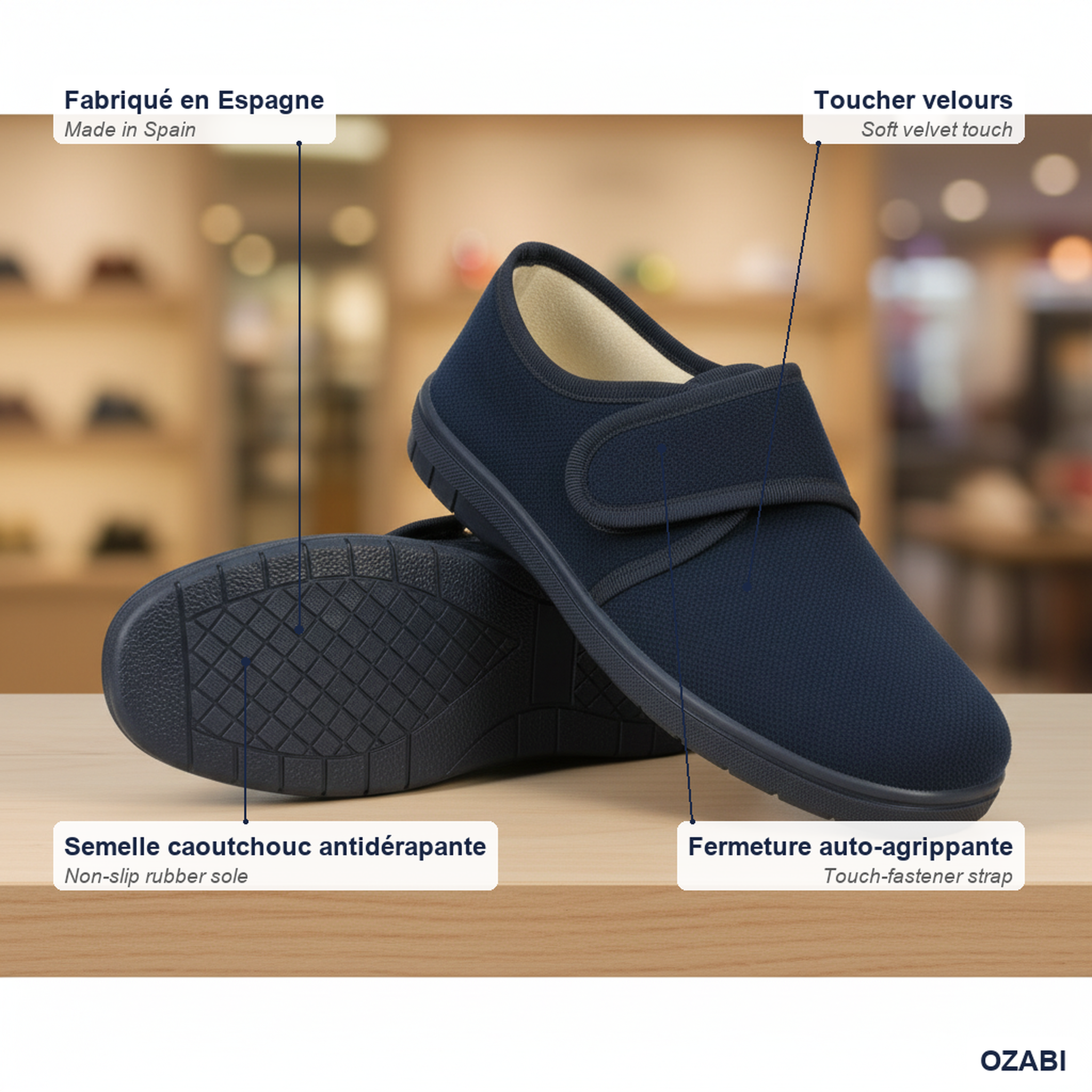 Voir la diapositive 4 : OZABI Ozabi charentaises homme fabriquées en espagne, fermeture auto-agrippante