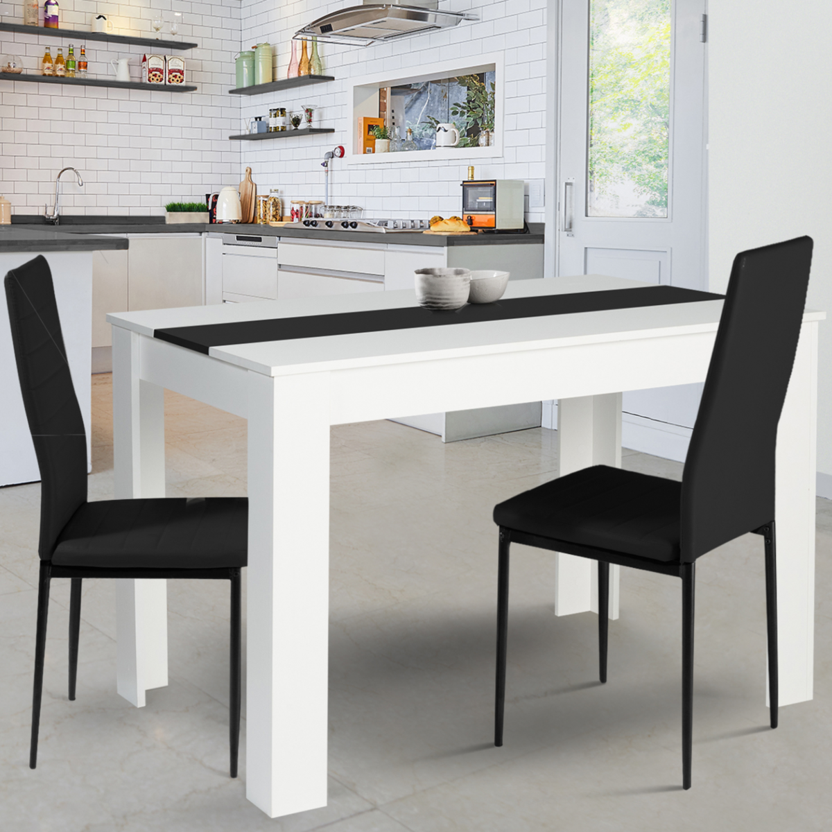 ID MARKET Table à manger rectangle ROZY 4 personnes blanche et noire 110 cm