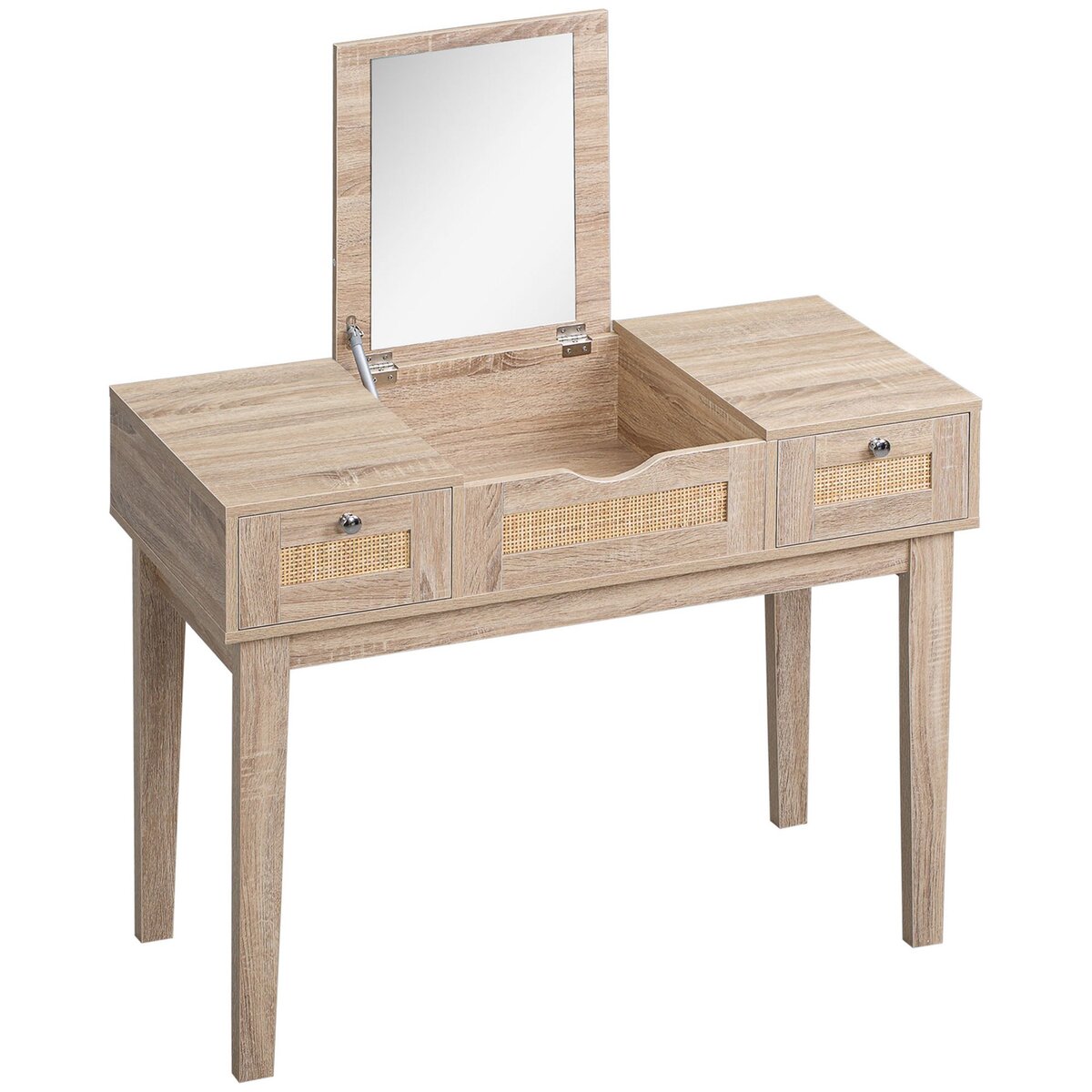HOMCOM Coiffeuse style bohème chic - table de maquillage - 2 tiroirs, compartiment porte miroir - cannage en rotin panneaux aspect chêne clair