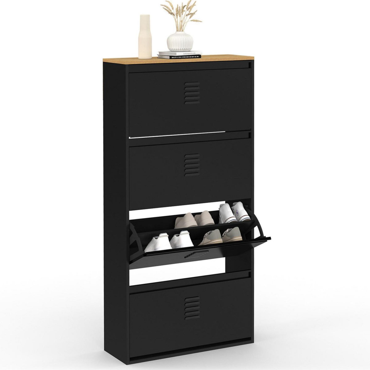 ID MARKET Meuble à chaussures 24 paires maxi capacité ESTER 4 portes métal noir et plateau façon hêtre design industriel