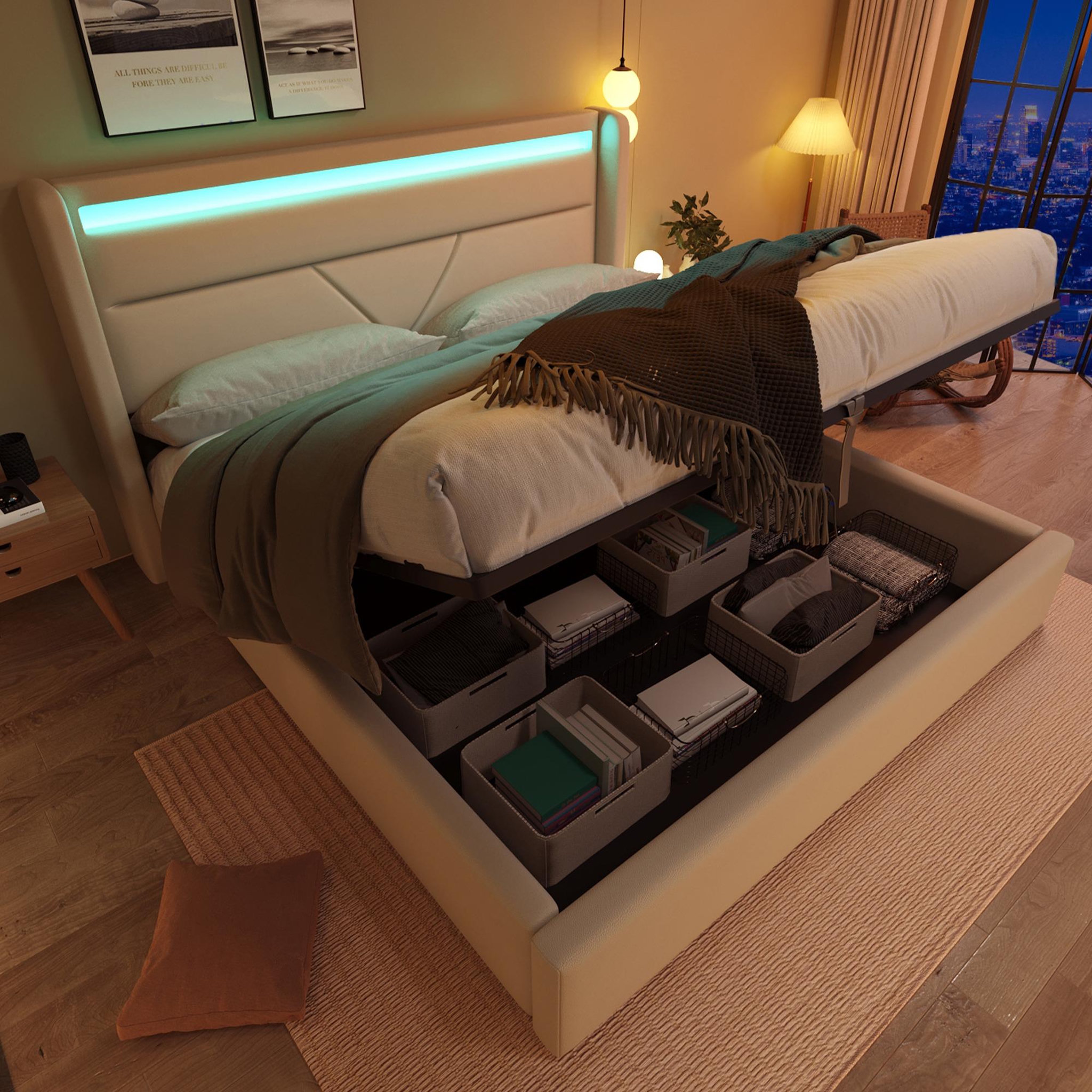 Voir la diapositive 2 : MERAX Lit coffre avec sommier et LED PU