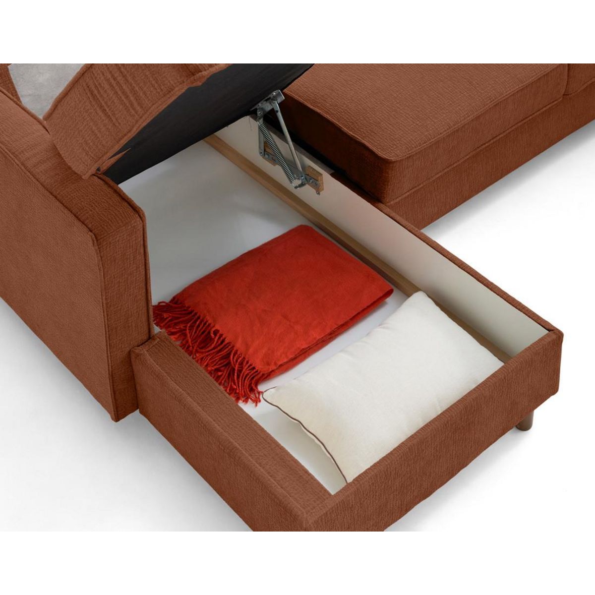 LISA DESIGN Jake - canapé panoramique d'angle droit 7 places convertible avec coffre en tissu velours relief