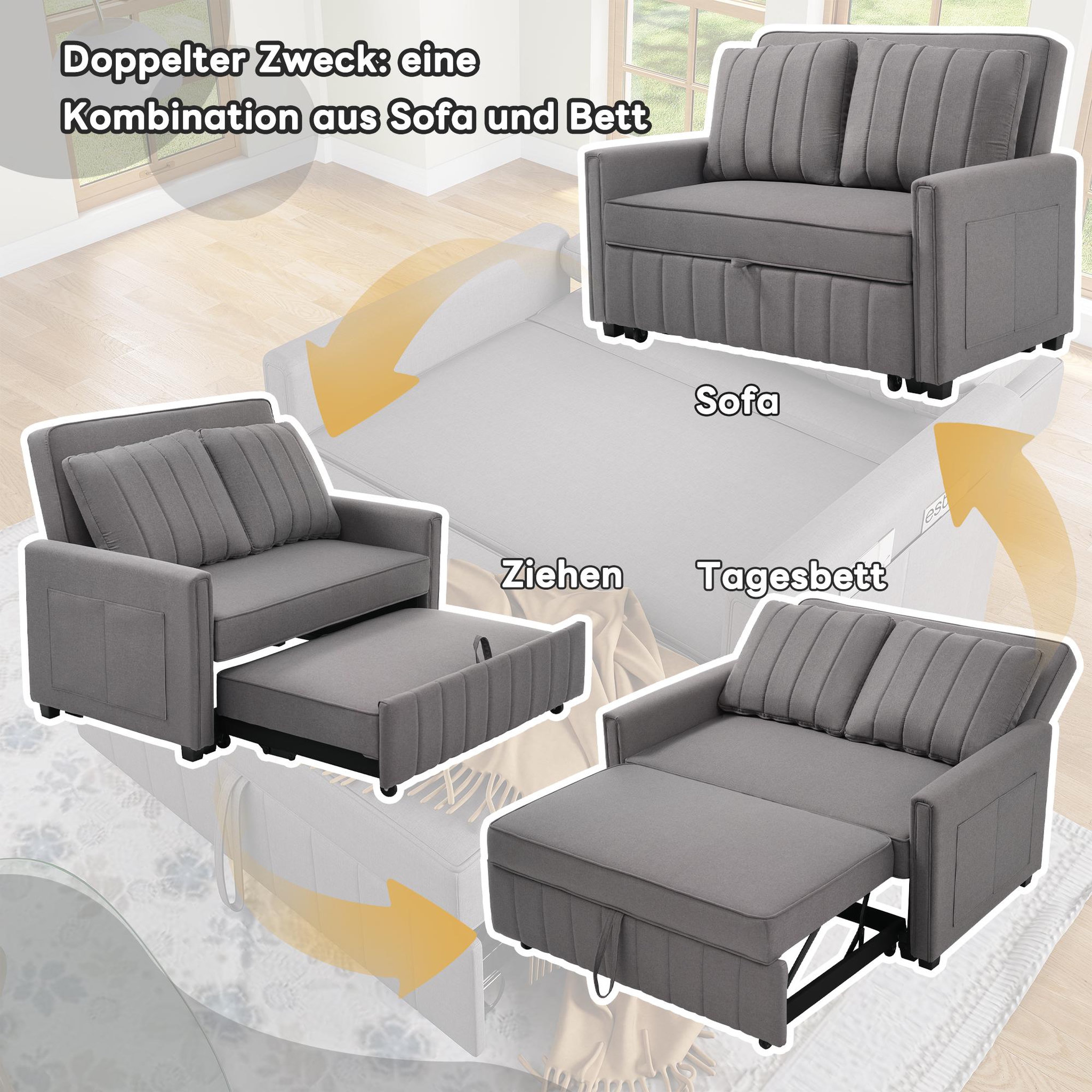 Voir la diapositive 4 : MERAX Canapé droit convertible 2 places coton et lin gris