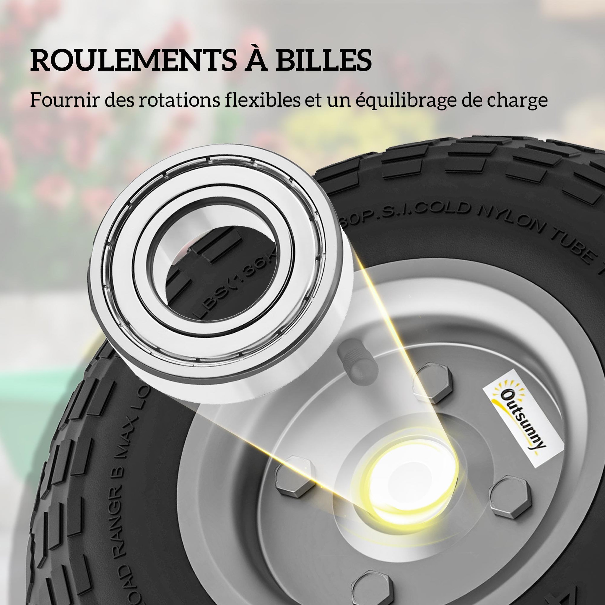 Voir la diapositive 4 : OUTSUNNY Lot de 4 roues pneus de remplacement dia. 255 mm alésage 16 mm moyeu métal caoutchouc