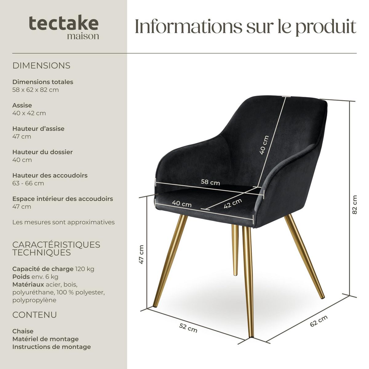 tectake Chaise rembourrée aspect velours noir/or
