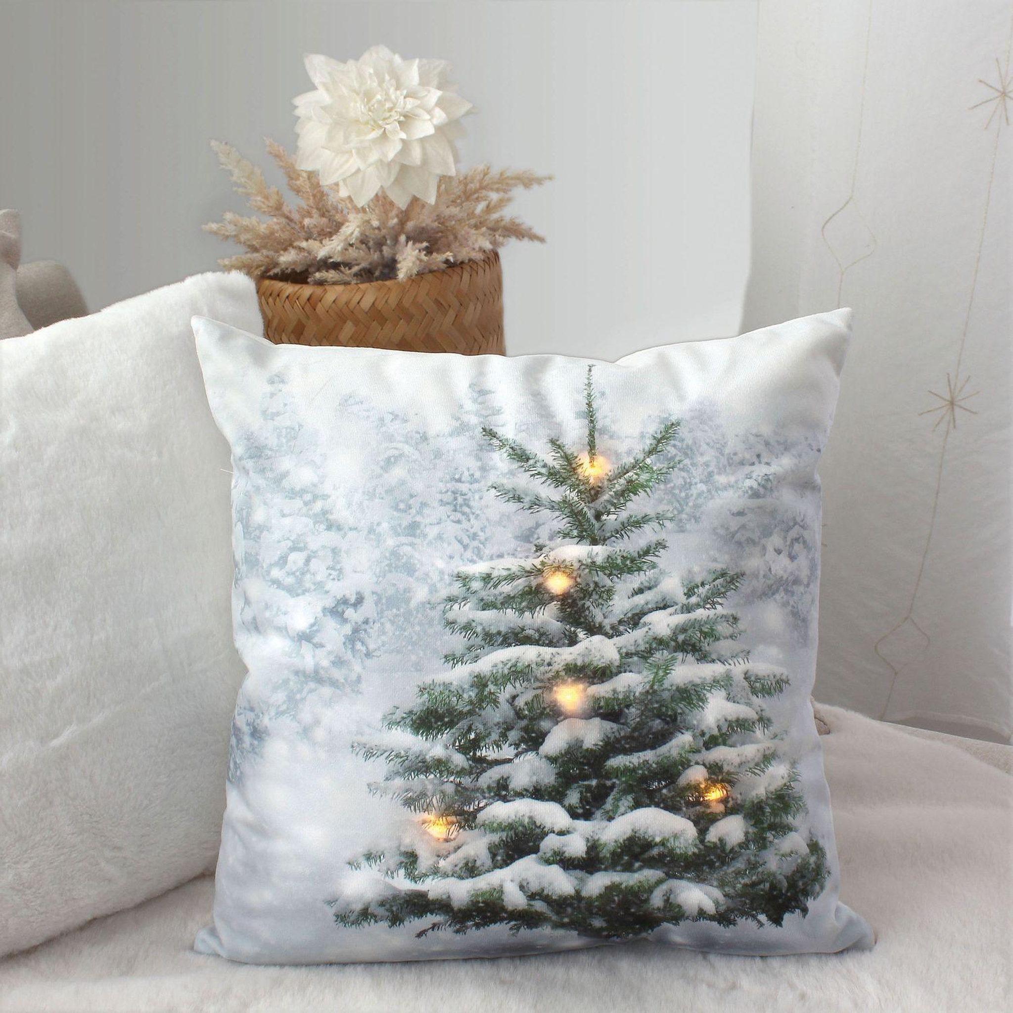 Voir la diapositive 2 : TOILINUX Coussin carré lumineux en velours imprimé sapin - 40 x 40 cm