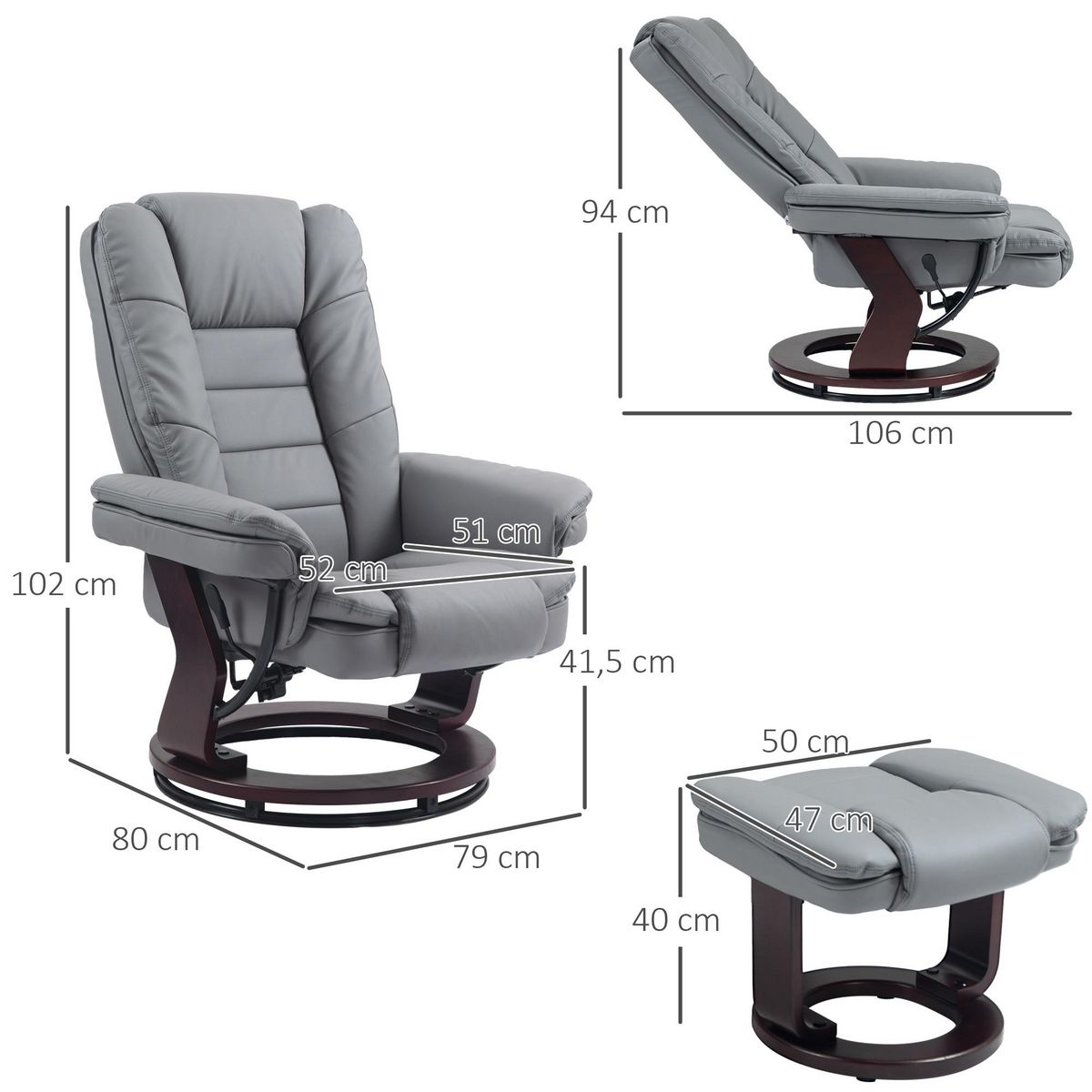 HOMCOM Fauteuil de relaxation inclinable pivotant avec repose-pied PU gris