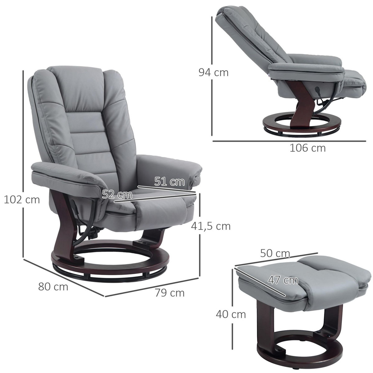 HOMCOM Fauteuil de relaxation inclinable pivotant avec repose-pied PU gris