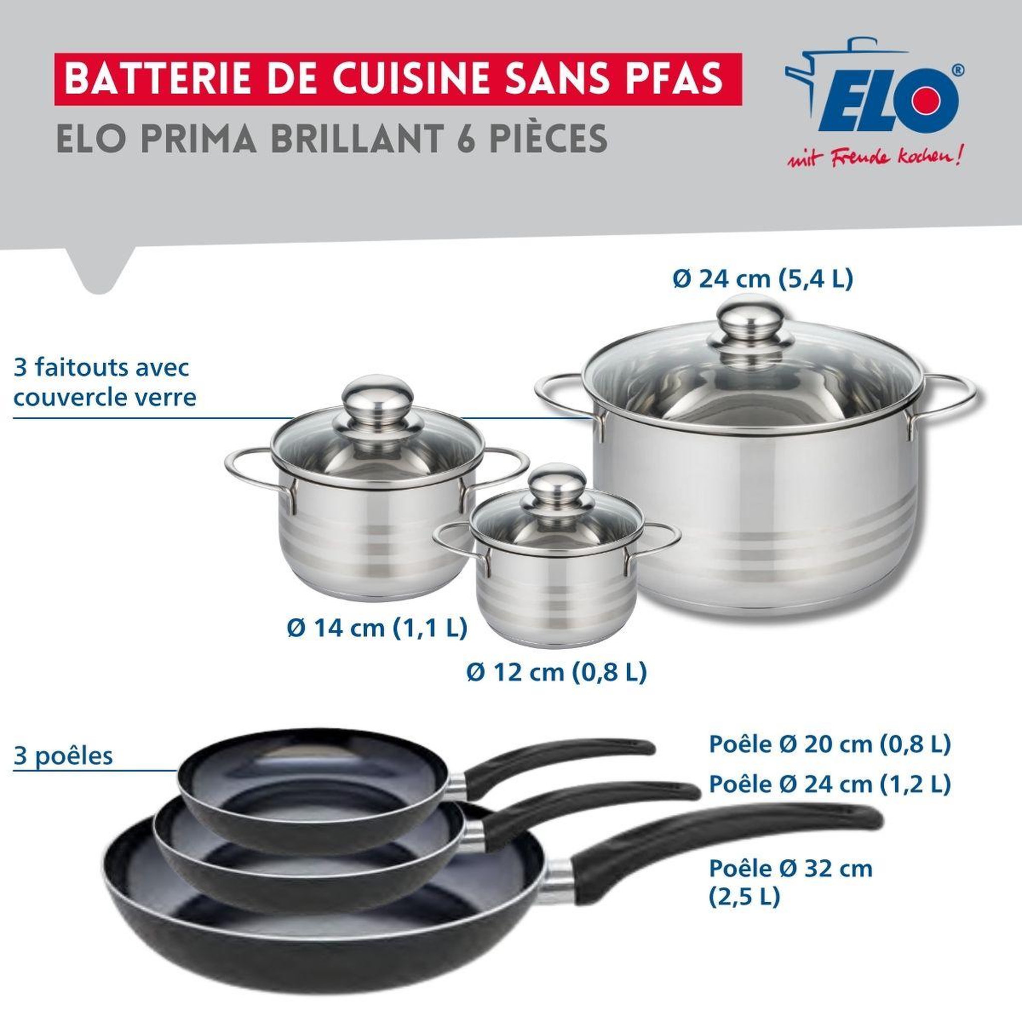 Voir la diapositive 2 : ELO Ensemble de 3 poêles de cuisson 20, 24 et 32 cm et 3 faitouts 12, 14 et 24 cm elo prima brillant