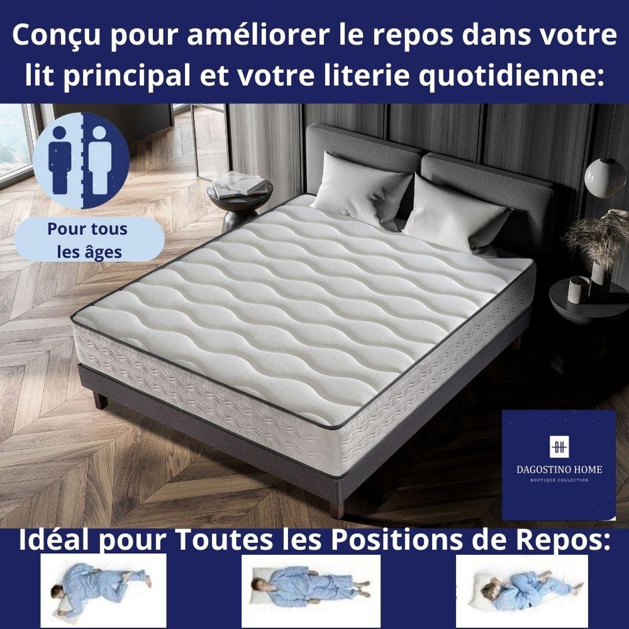 Voir la diapositive 2 : DAGOSTINO HOME Matelas Mousse 140x190 + 2 Oreillers 60x60 - Côté Été/hiver - H25 Cm