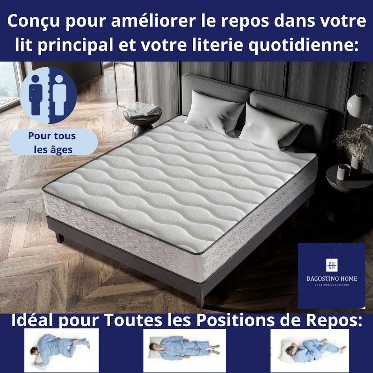 DAGOSTINO HOME Matelas Mousse 140x190 + 2 Oreillers 60x60 - Côté Été/hiver - H25 Cm