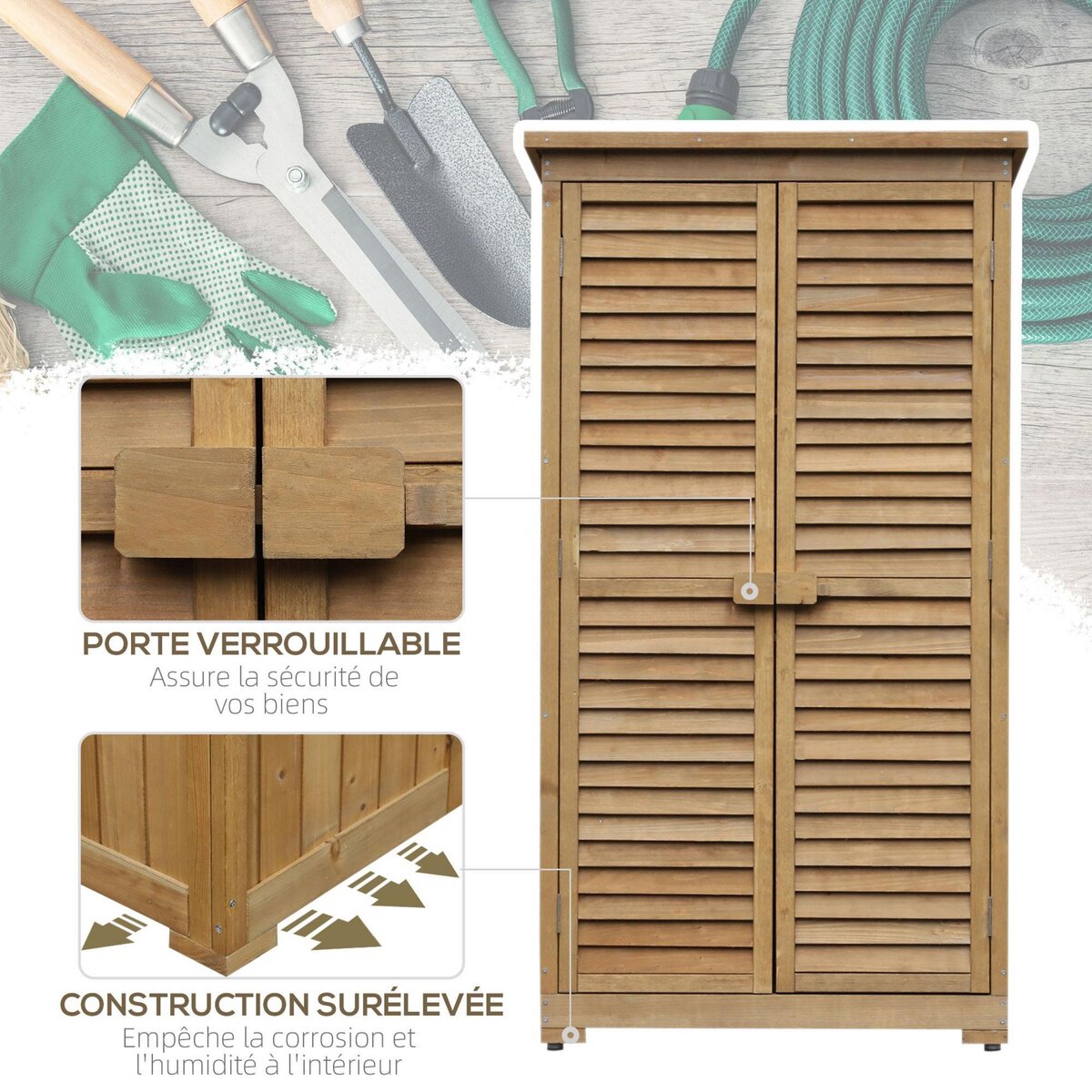 OUTSUNNY Armoire de jardin abri jardin remise pour outils sur pied 2 étagères portes persiennes toit bitumé étanche bois sapin pré-huilé