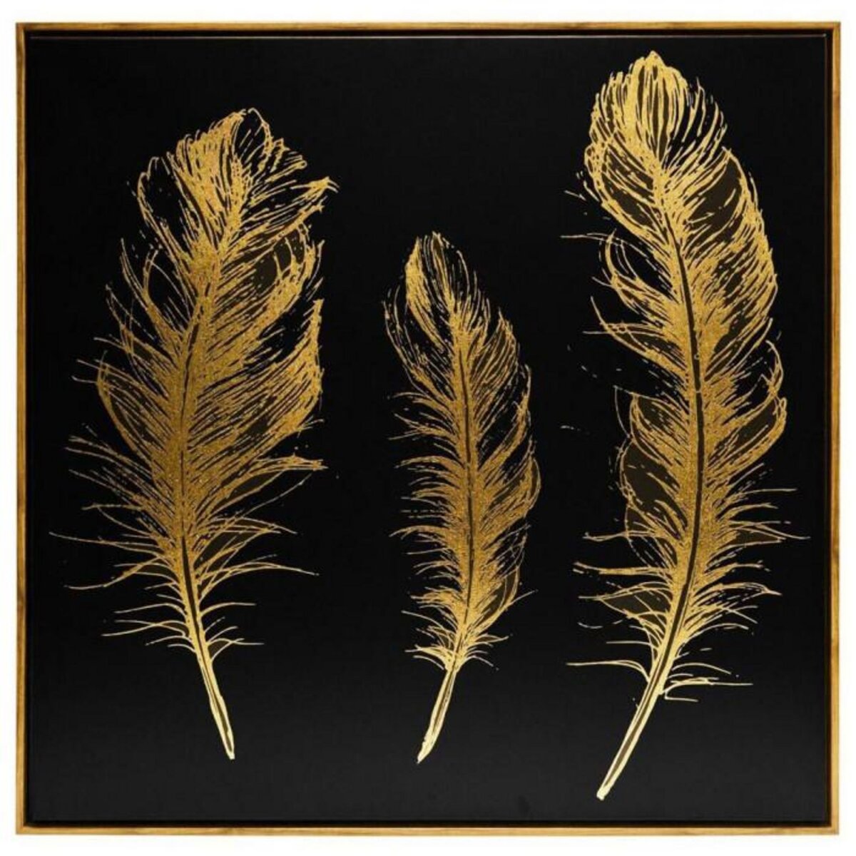 ATMOSPHERA Toile Peinte  Plumes  78x78cm Noir & Or