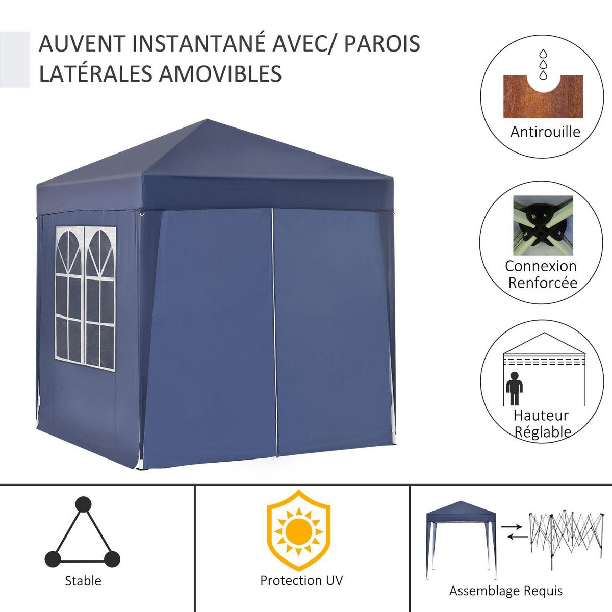 OUTSUNNY Tonnelle de jardin tente pliante barnum pop-up 2 x 2 m 4 parois latérales amovibles 2 fenêtres sac de transport pour camping, festival, plage, jardin bleu