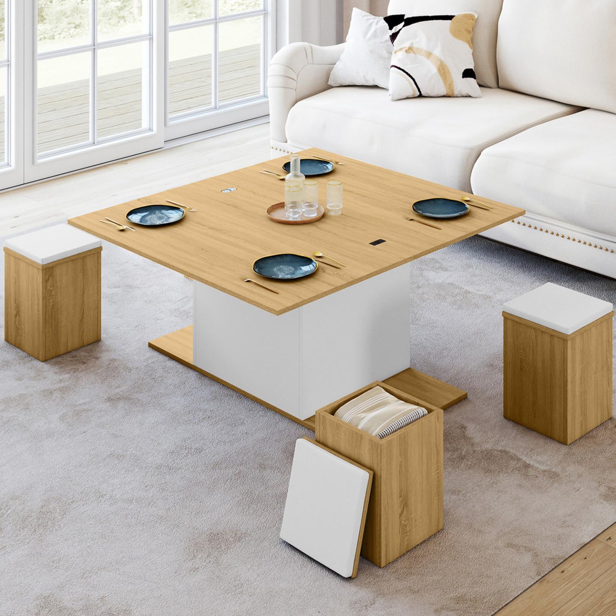Voir la diapositive 2 : ID MARKET Table basse plateau relevable rectangulaire convertible en table à manger eden 100 cm bois et blanc avec poufs