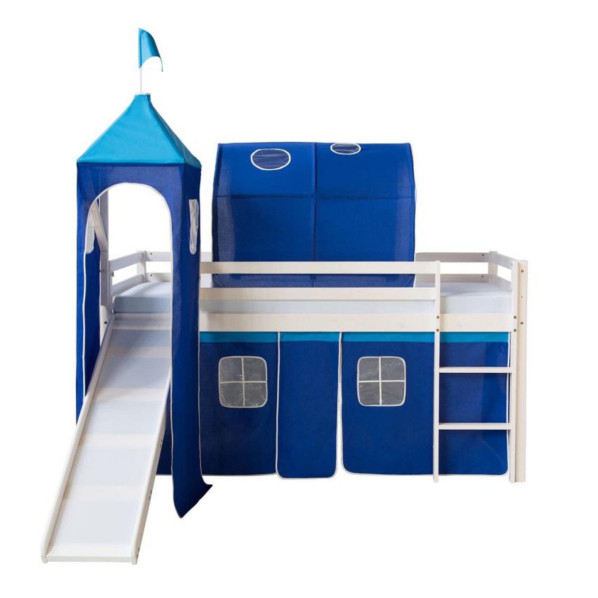 Voir la diapositive 4 : HomeStyle4U Lit bleu mi-haut 90x200 cm avec tour toboggan matelas