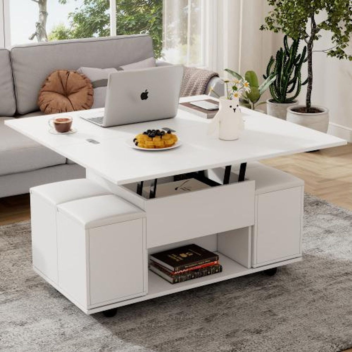 MERAX Table basse relevable rectangulaire en panneaux de particules avec 4 chaises et rangement,blanc