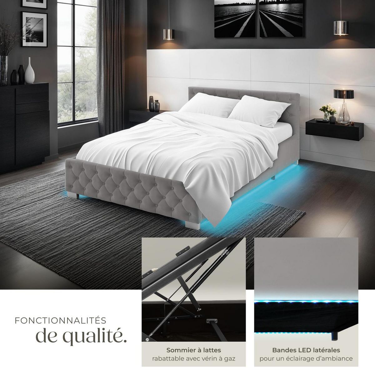 tectake Lit rembourré En aspect velours avec motif matelassé gris foncé 140 x 200 cm